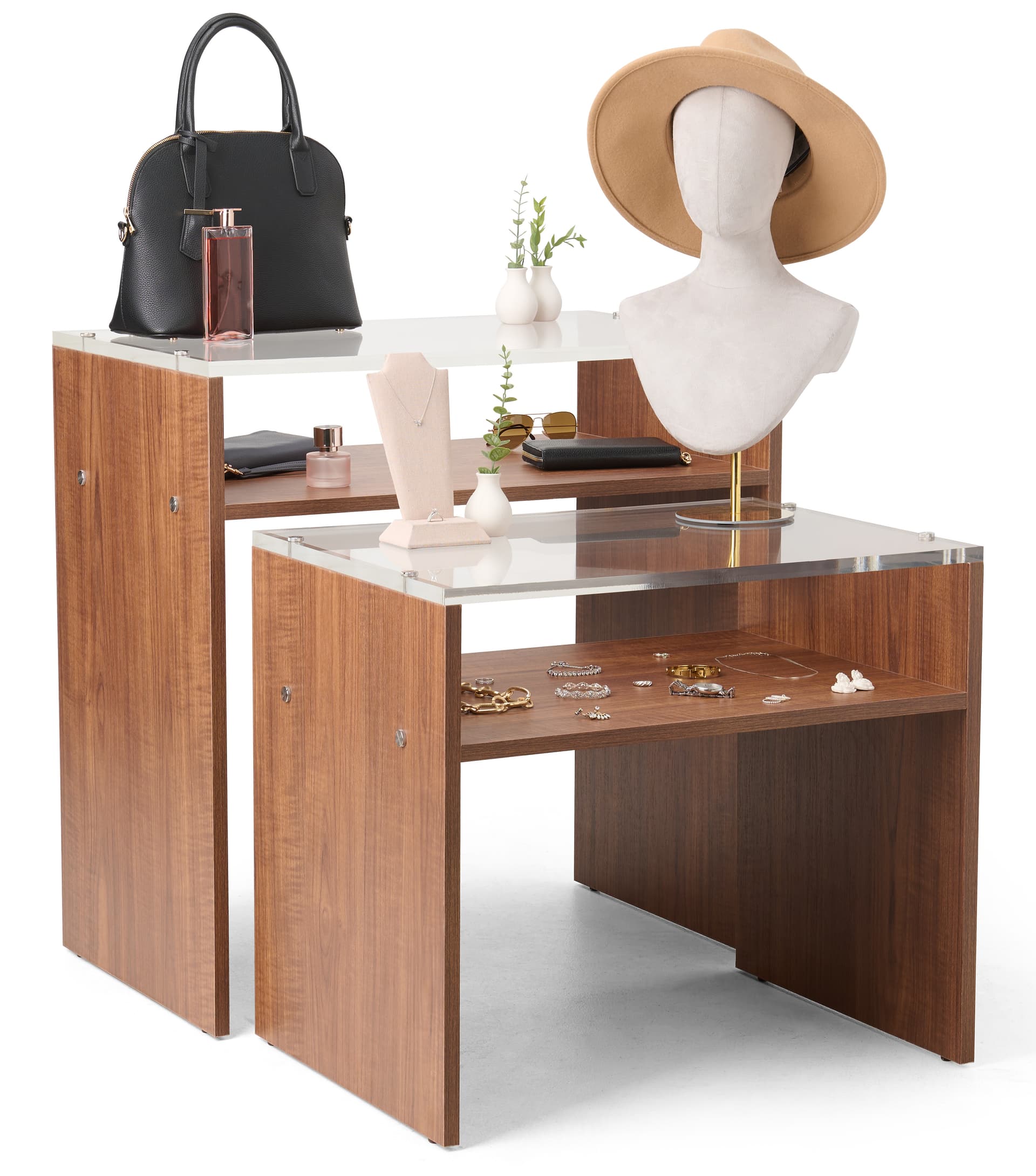 Wood nesting tables for retail display with recycled acrylic 