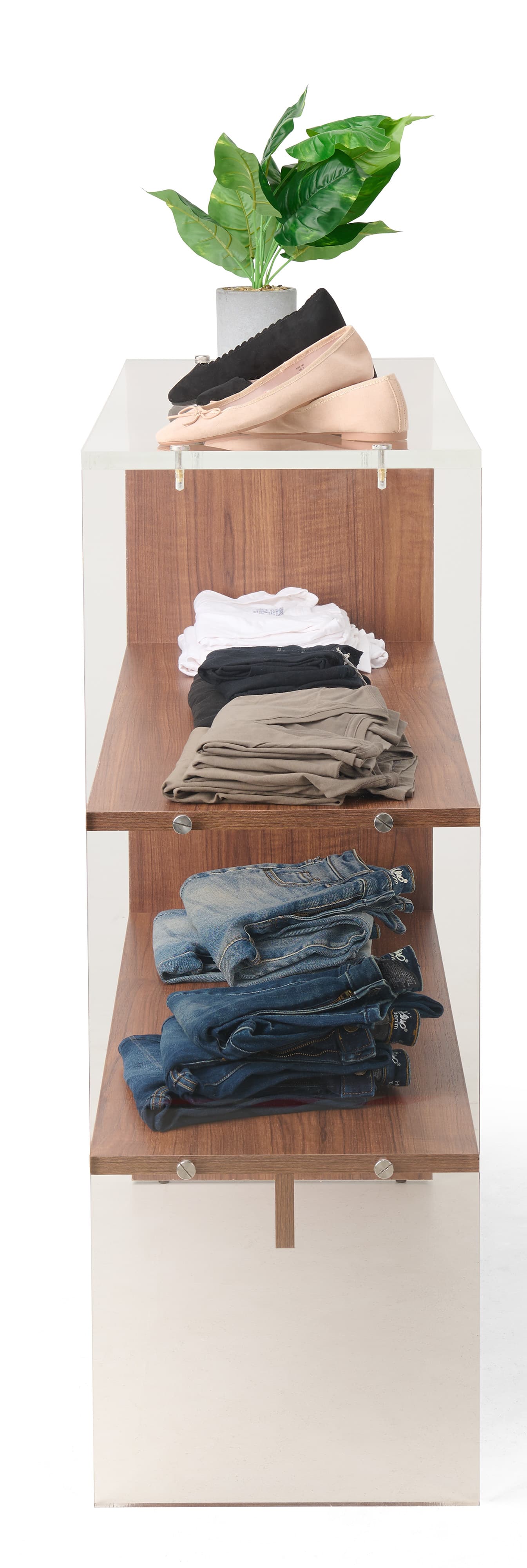Modern display shelves with clear side profile 