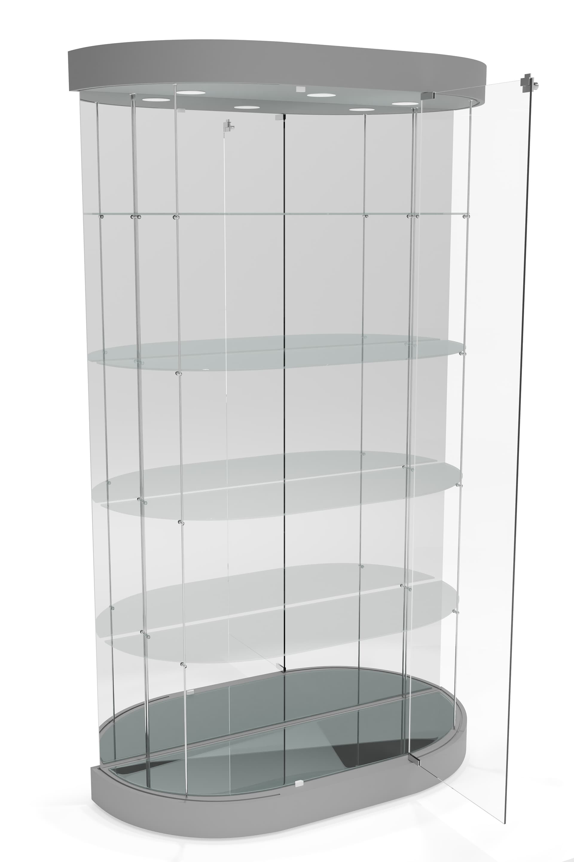 Oval display case with swing open door