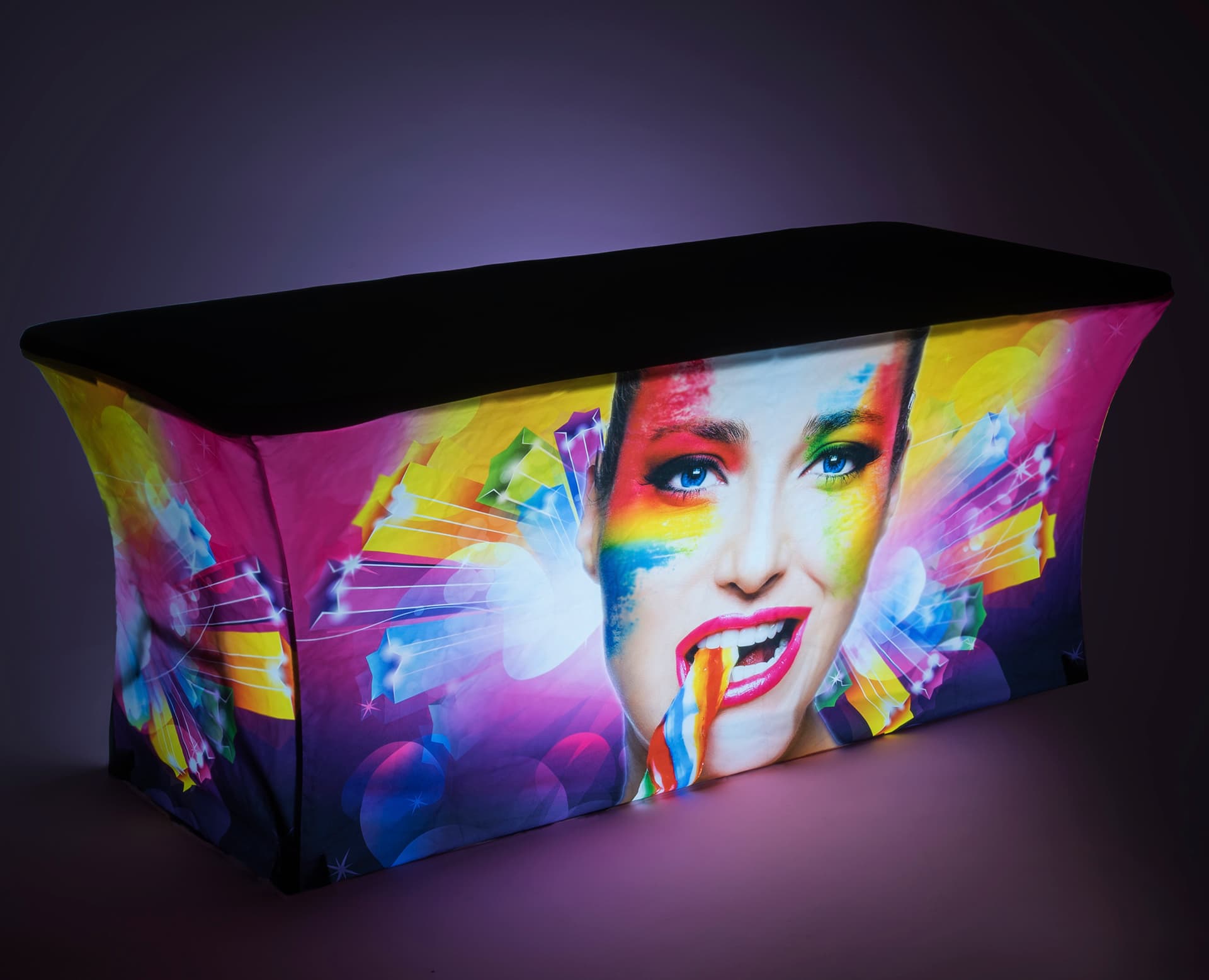 Backlit glow effect on 6' Custom stretch LED table scrim replacement cover 
