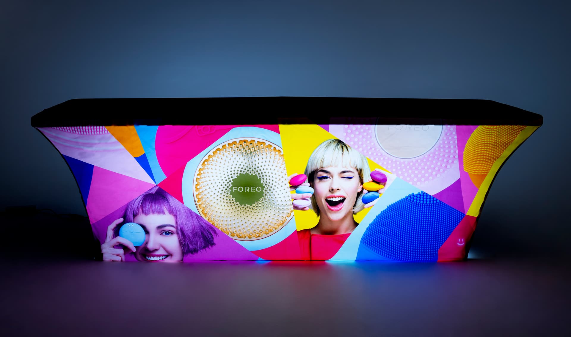 8ft custom stretch LED table cover replacement graphic with vibrant high quality printing
