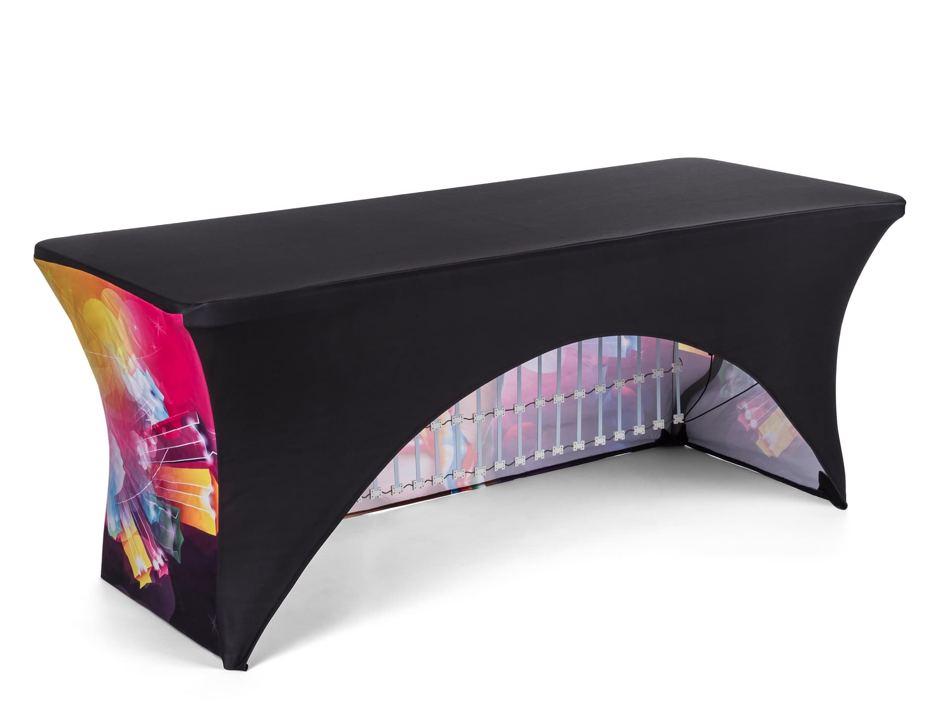 8ft custom stretch LED table cover replacement graphic with open back design
