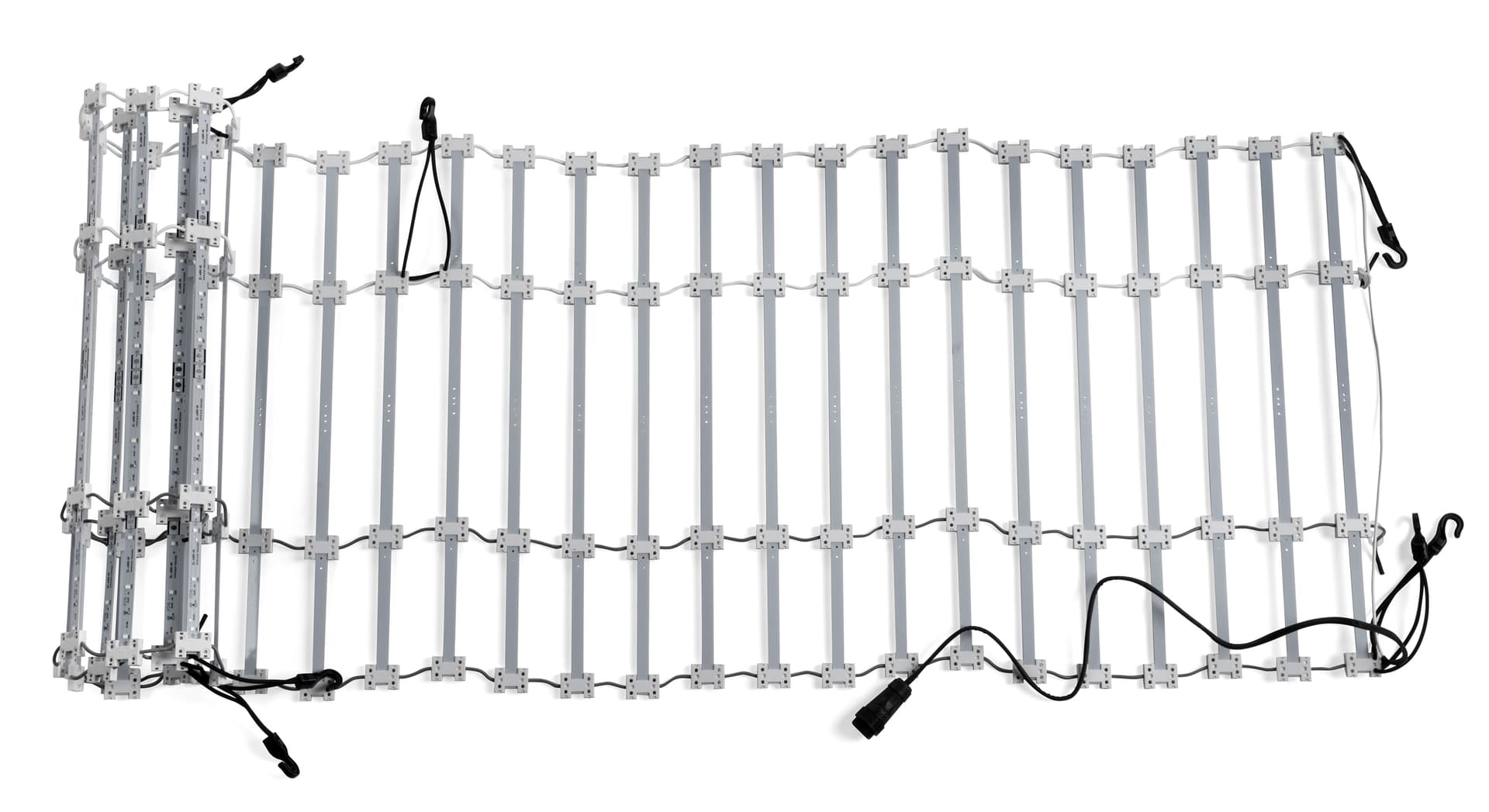 Ladder lights and bungees on 8' event table package with custom spandex cover and LED light kit