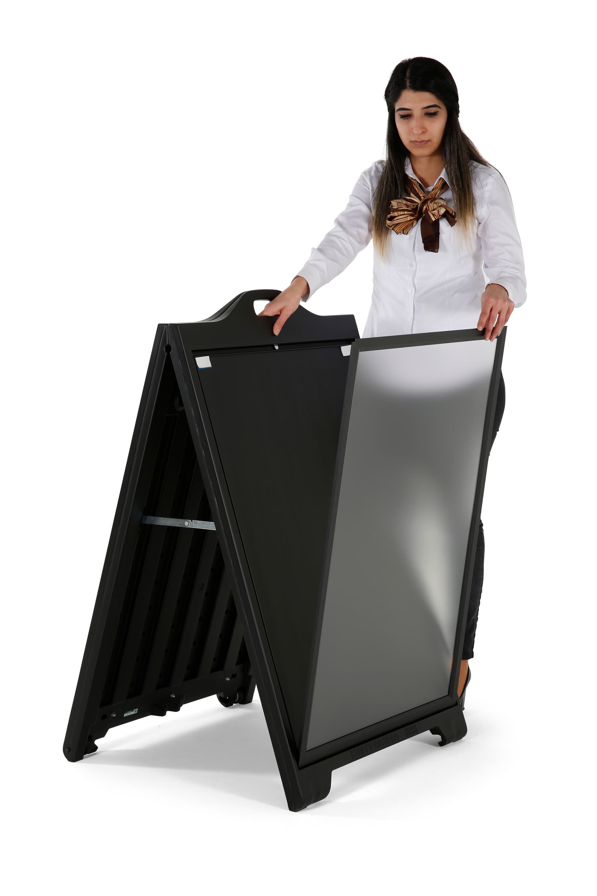 A-Frame Sidewalk Sign Holder is sturdy enough to stand up to the elements