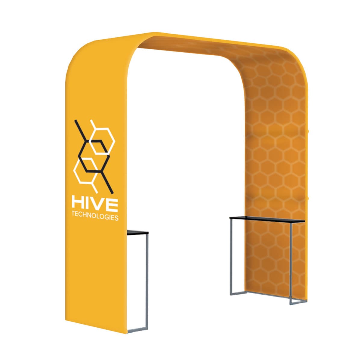 Square arch trade show booth with custom printed graphics