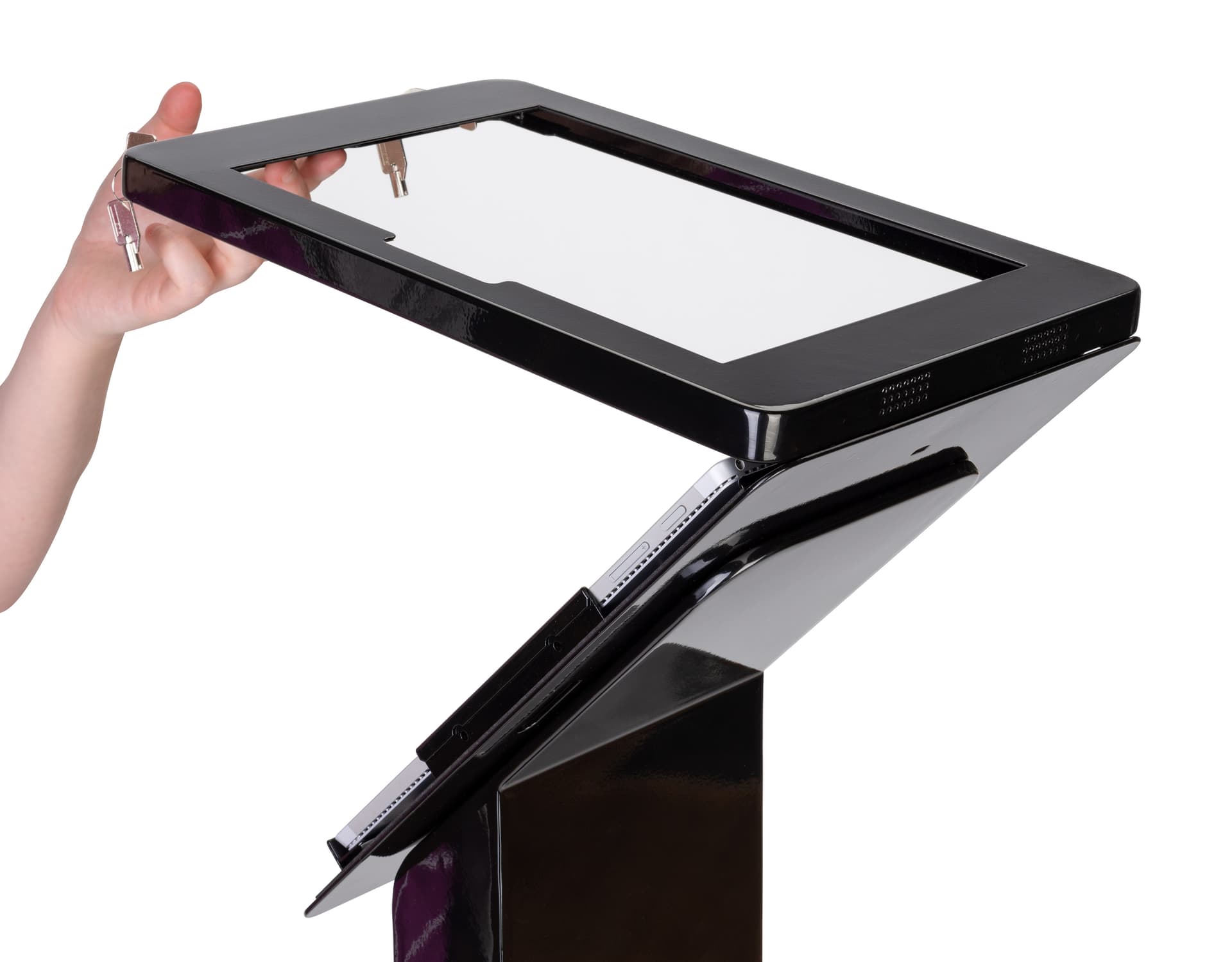 Microsoft Surface kiosk stand with graphic and hinged enclosure