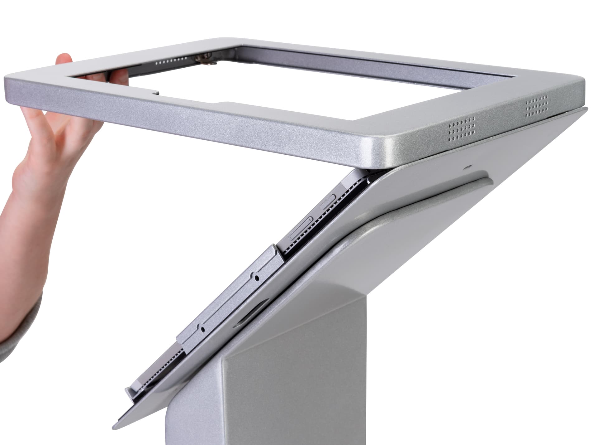 Microsoft Surface Pro floor stand with poster and hinged lid