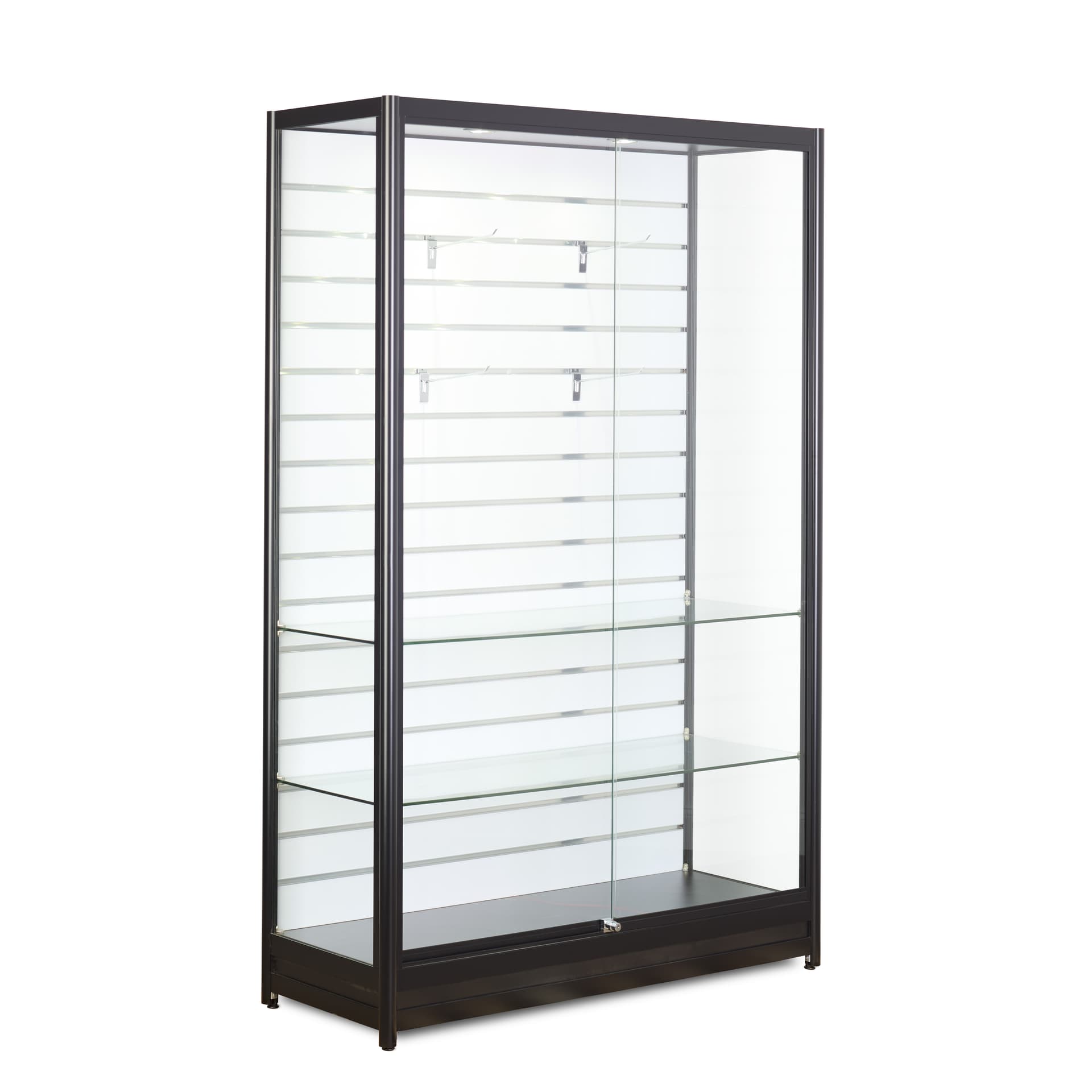 Slatwall display case with white back panel for clean modern look