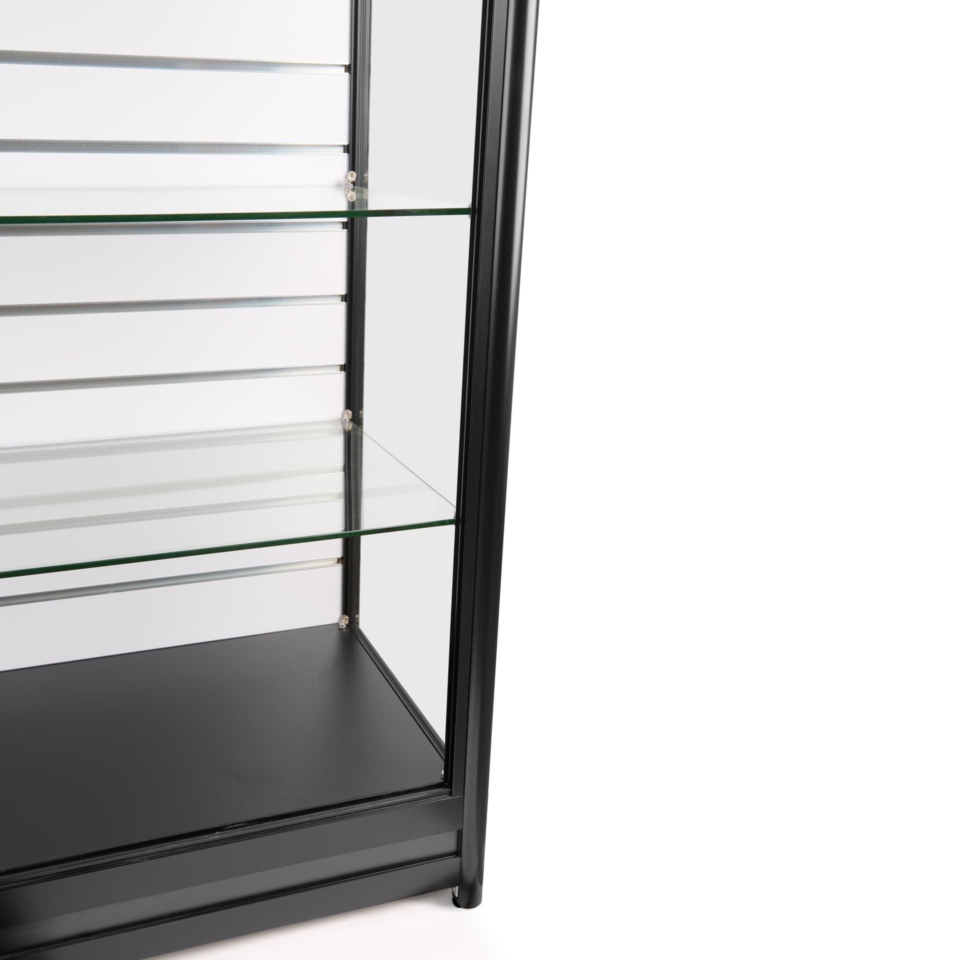 Slatwall display case with two tempered glass shelves