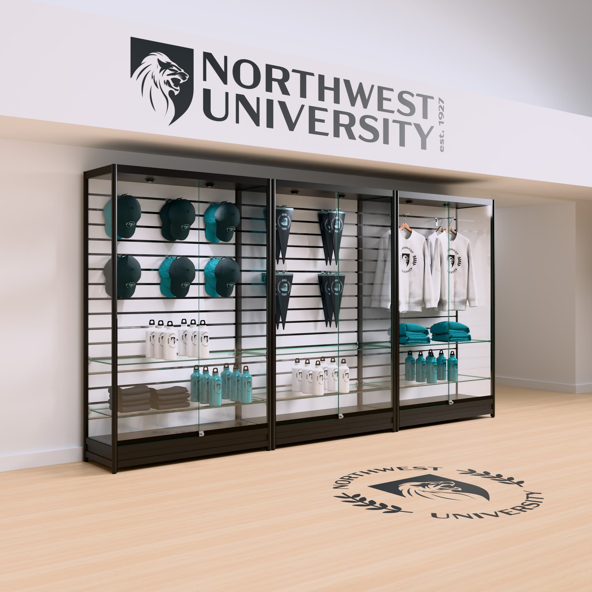 Slatwall display case with college merchandise
