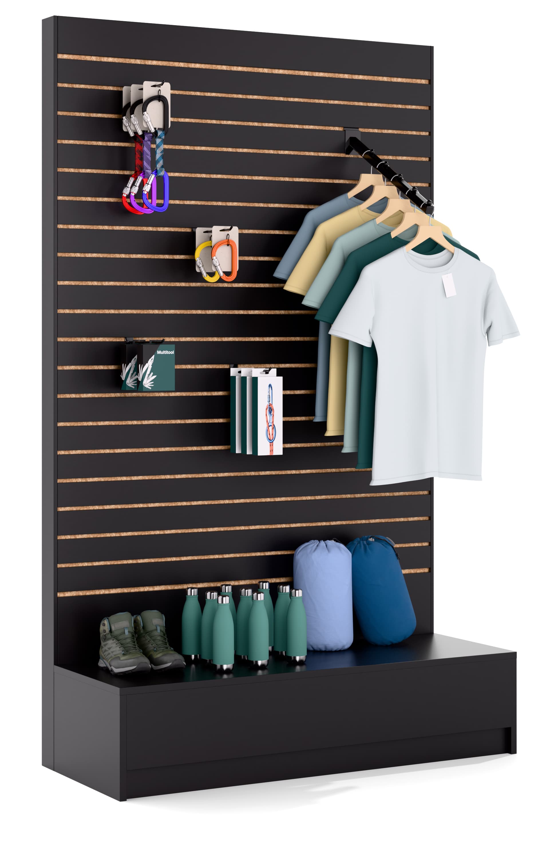 L-shaped slatwall panel display with 20 merchandising slots 