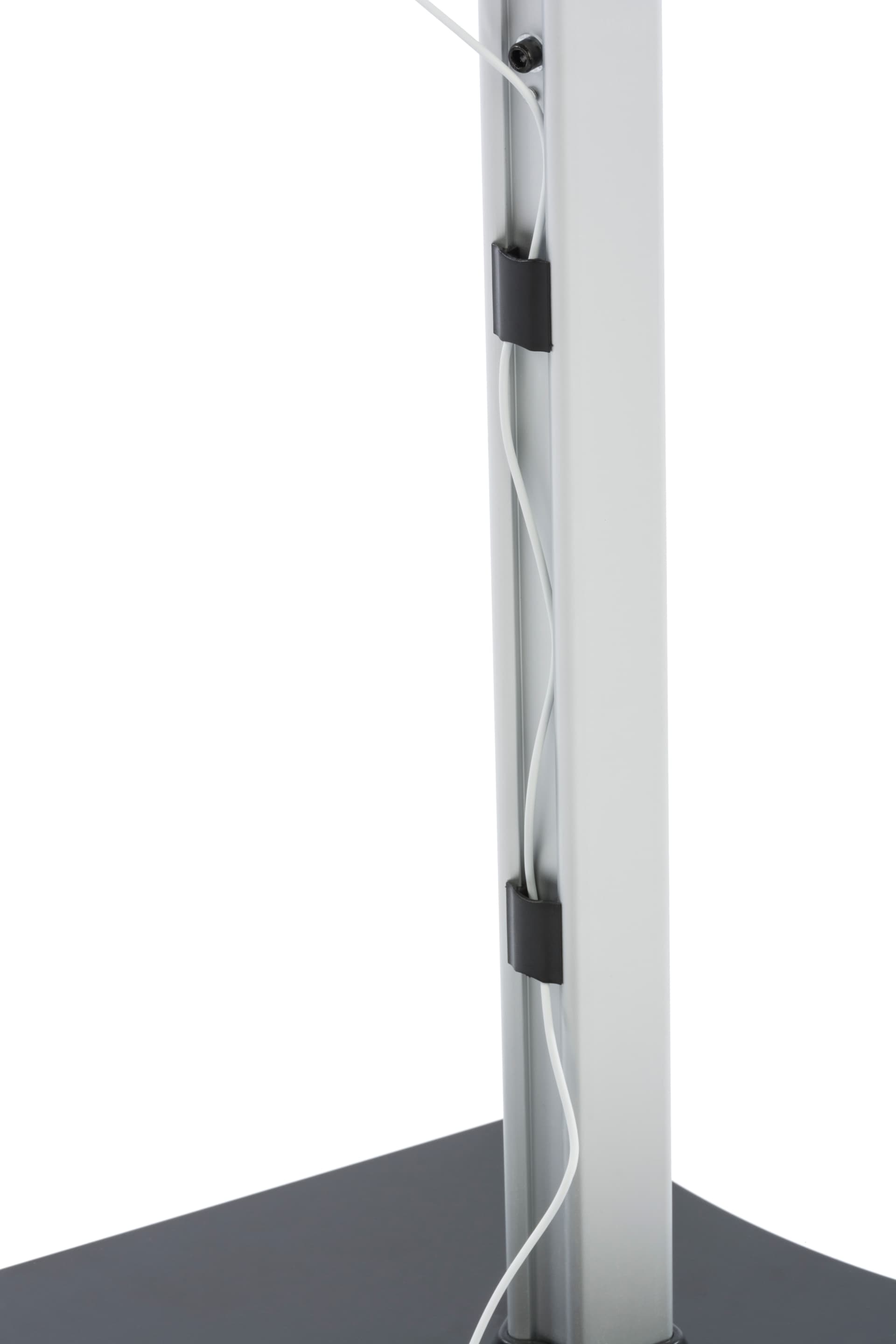 Rolling iPad stand with cable management system clips 