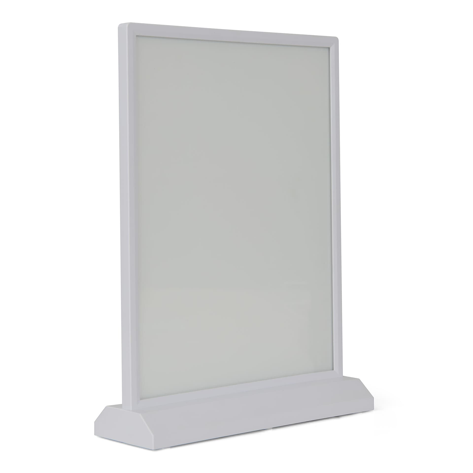 Tabletop LED sign holder features an all-white frame