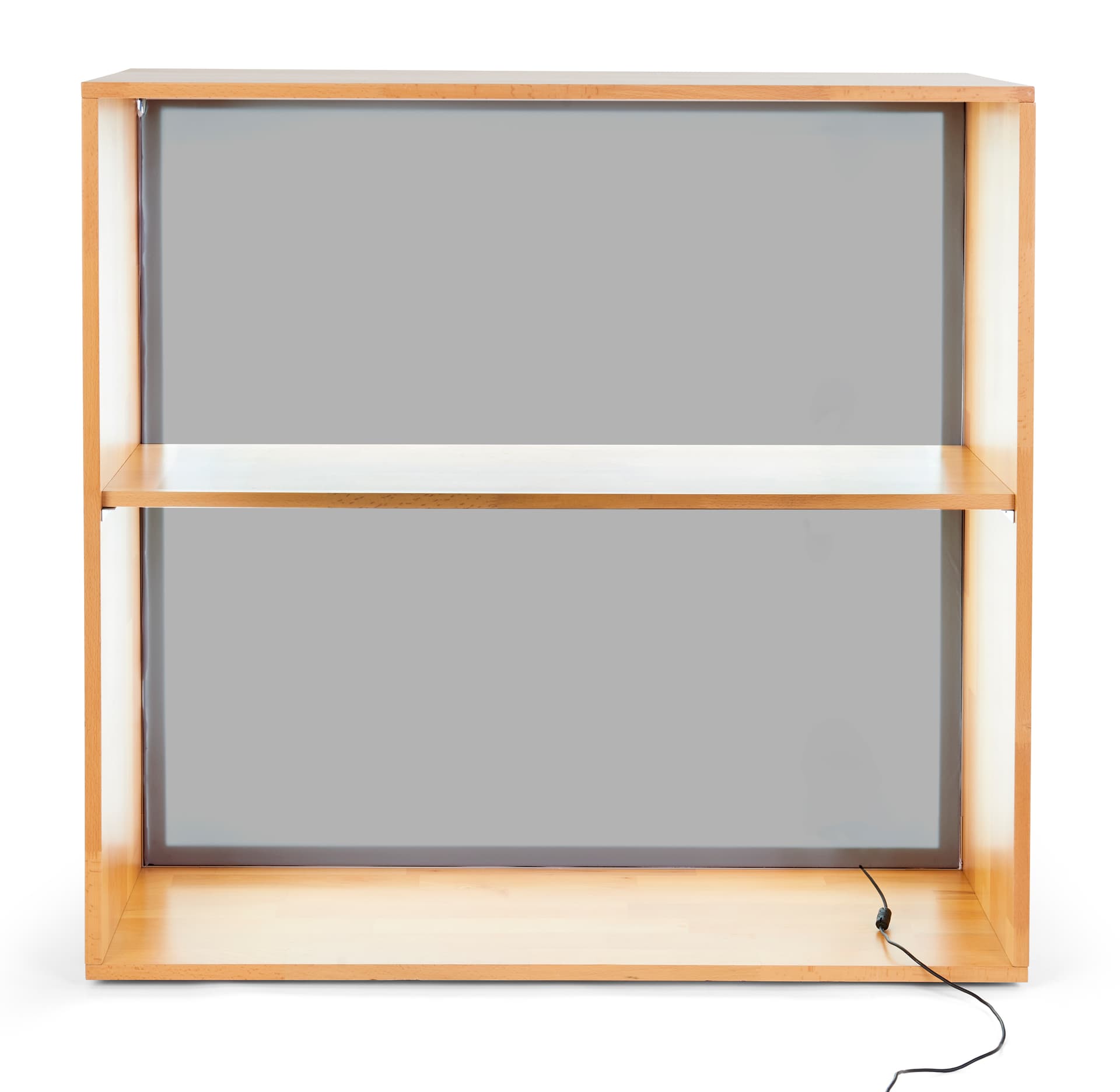 Backlit trade show counter with a back shelf 
