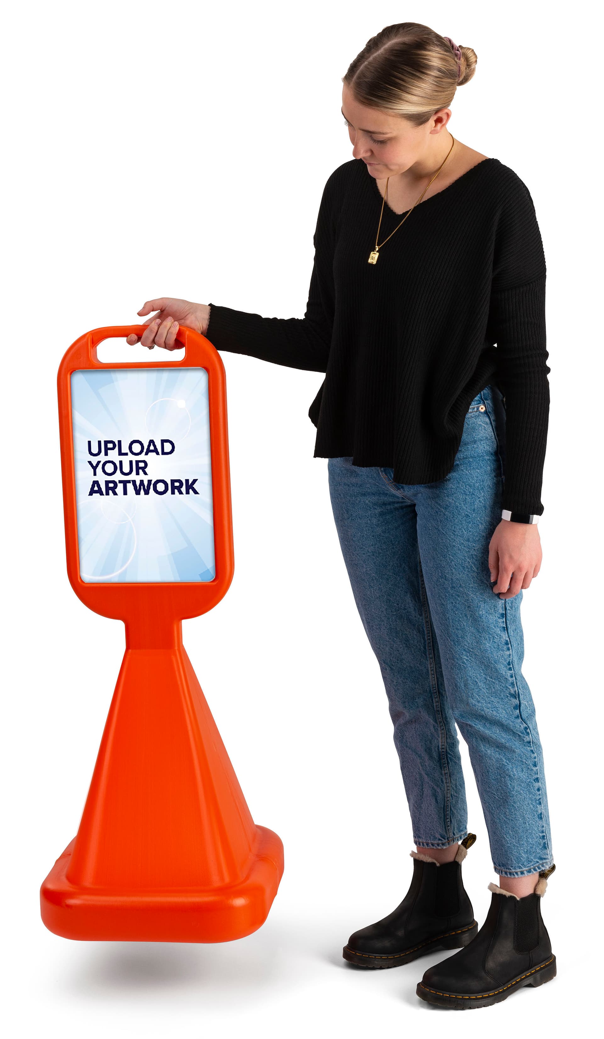 Traffic cone sidewalk sign with built-in handle on top
