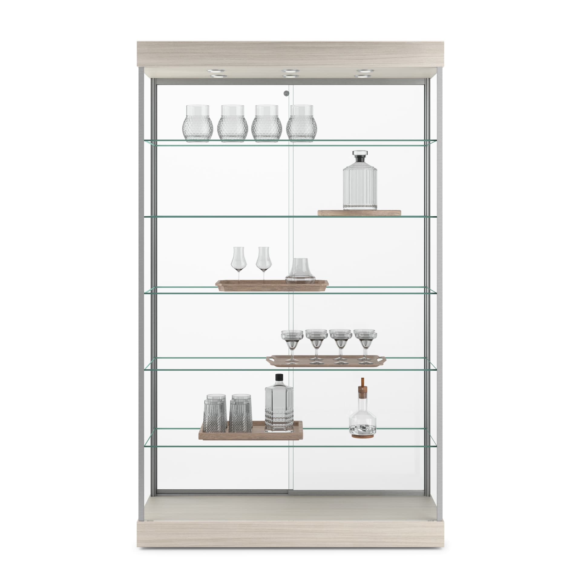 Frameless display case with five fixed shelves