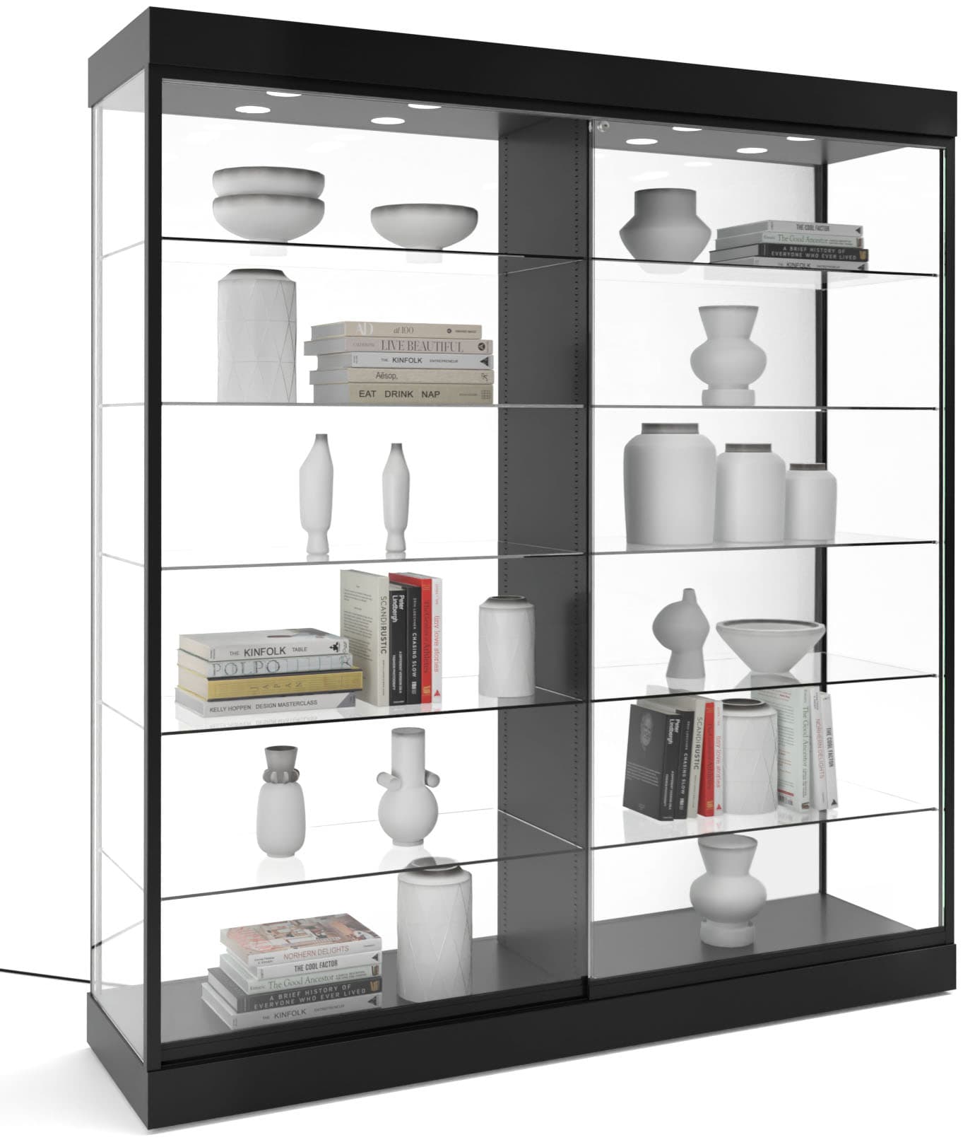 This glass showcase cabinet with sliding locking doors
