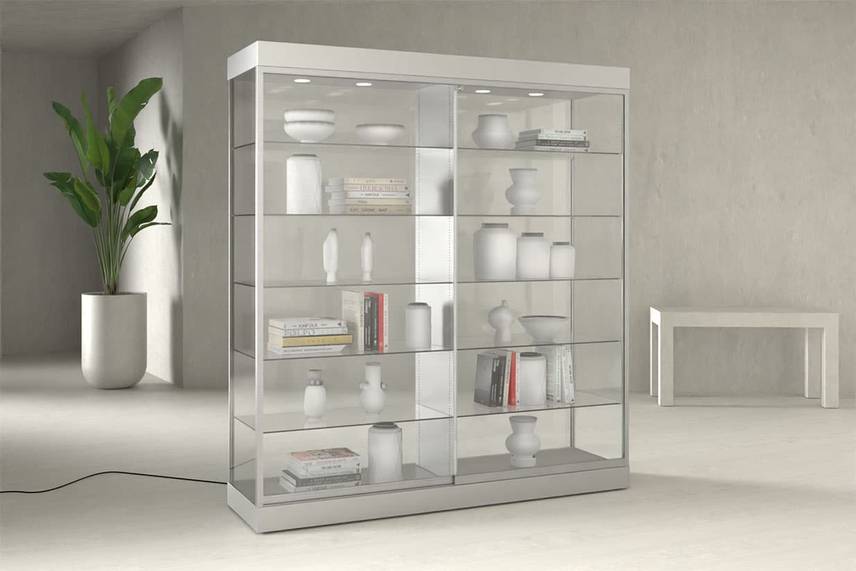 Glass showcase cabinet with adjustable shelves