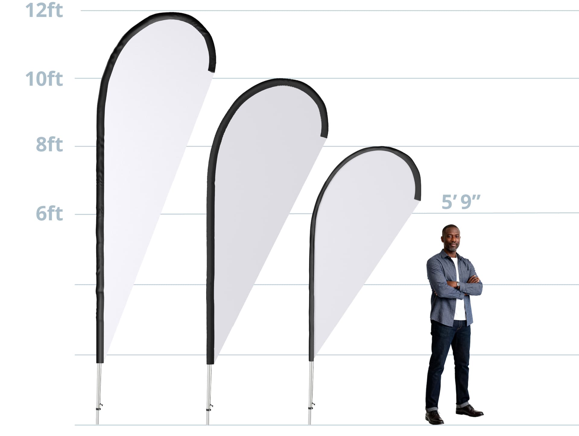 Flags with hardware height comparison diagram showing them standing 8',10', and 12' tall next to a 5'9" man