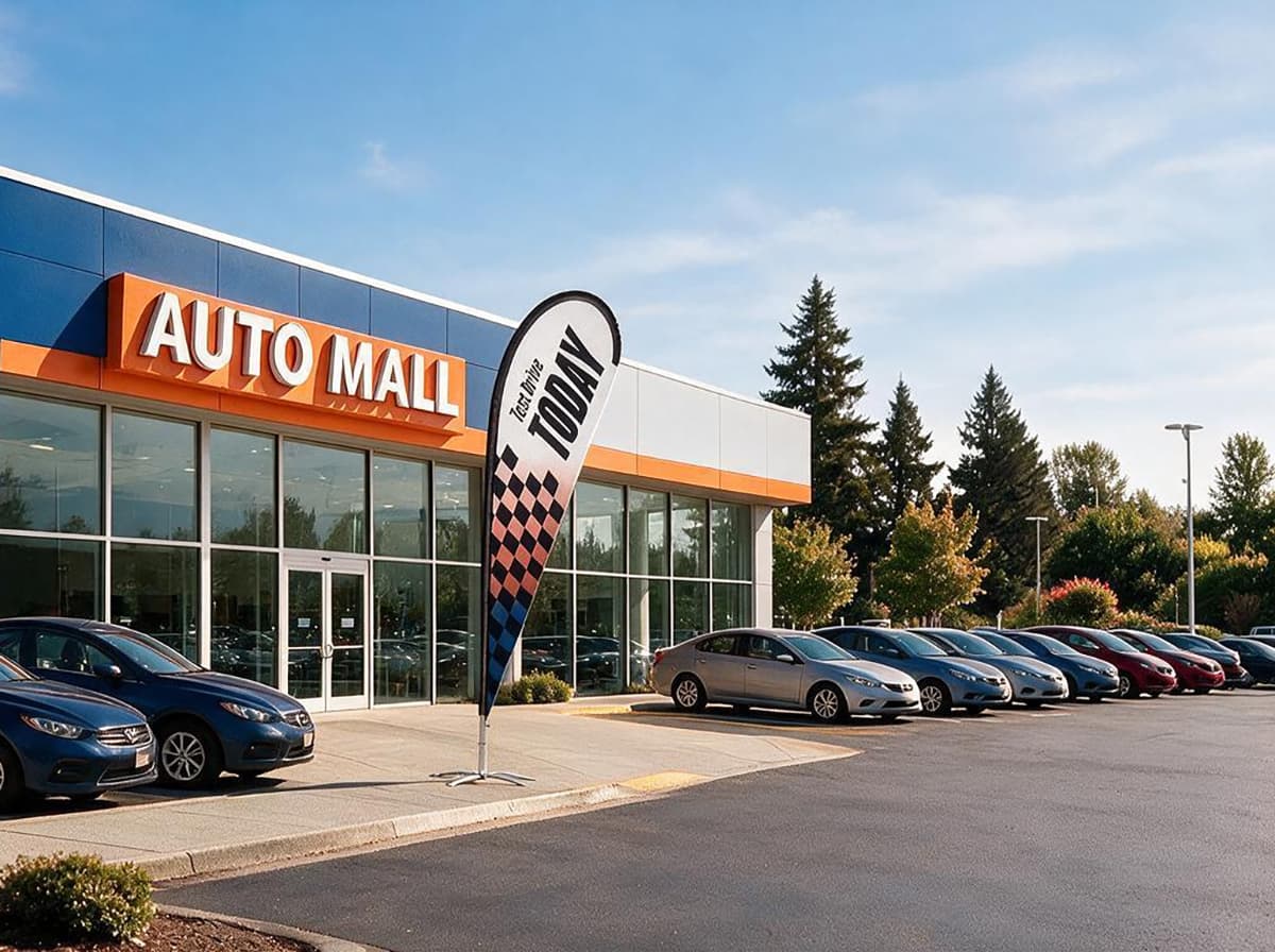Outdoor Teardrop Flag outside an auto dealership
