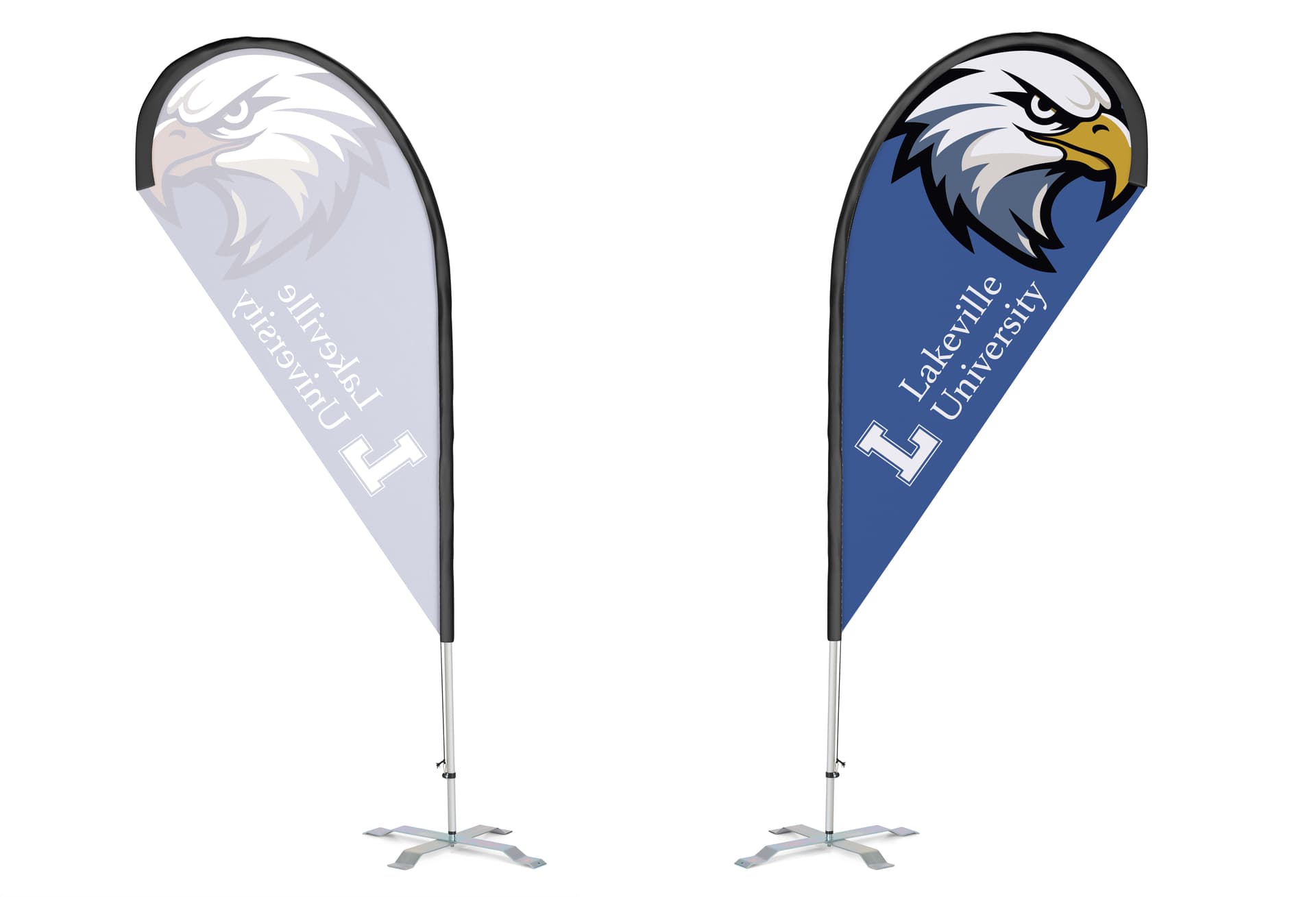 Single-Sided Replacement Flag for TDFKIT Custom Teardrop Flags showing the front and back of the 6' flag with a graphic printed on one side and the other side opaque