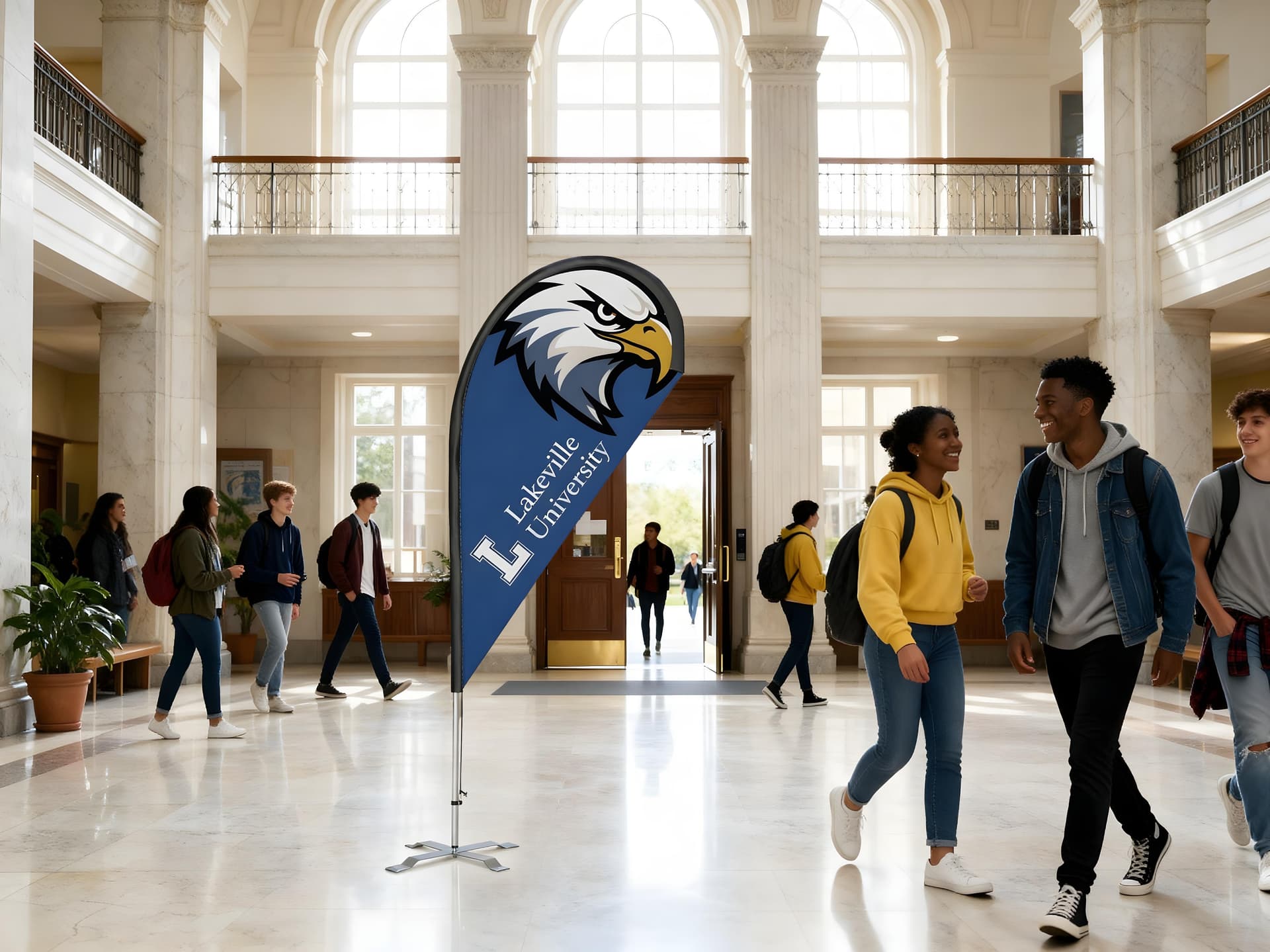 Teardrop Advertising Flag in a university building lobby