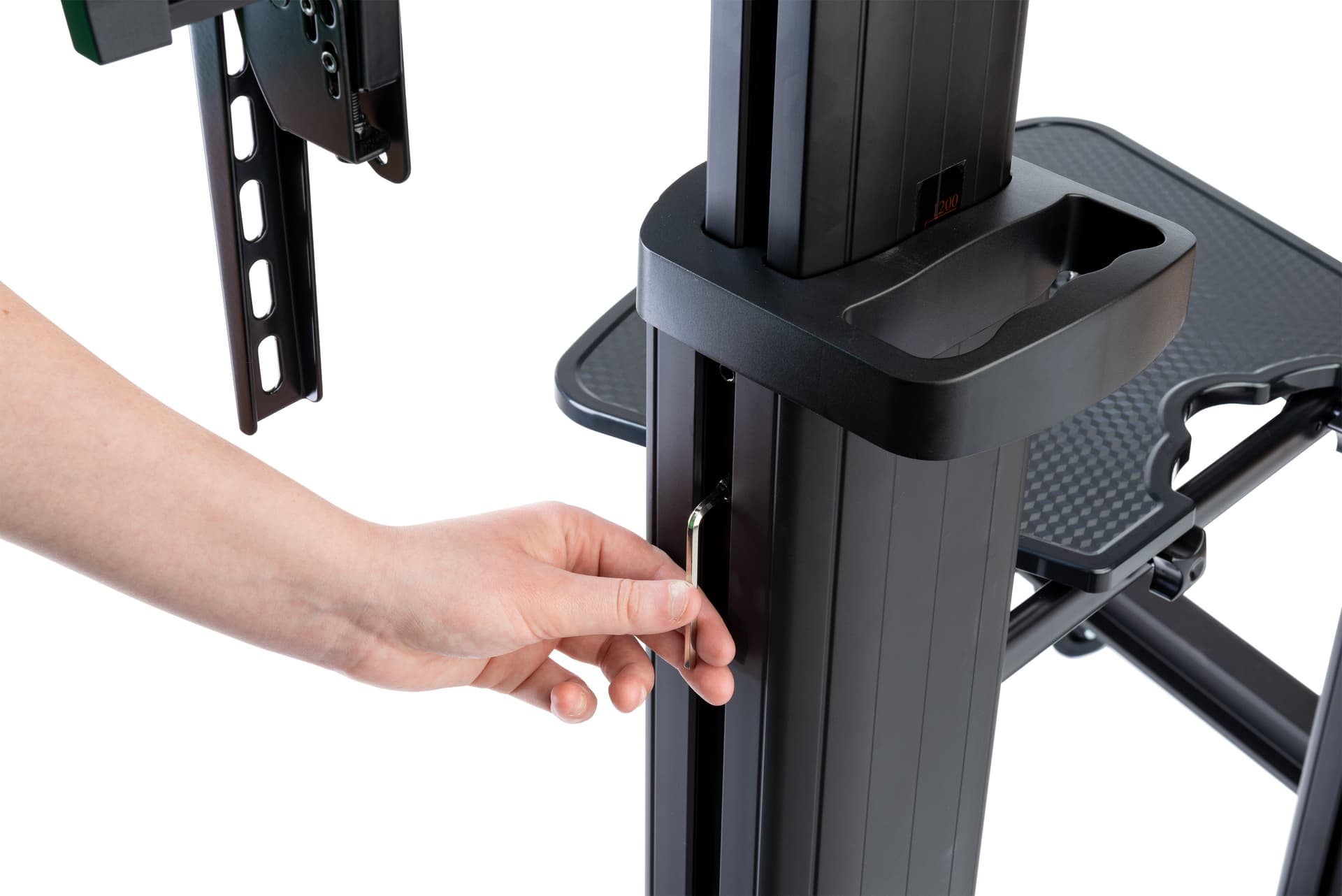 Heavy duty rolling TV stand with height adjust via allen key