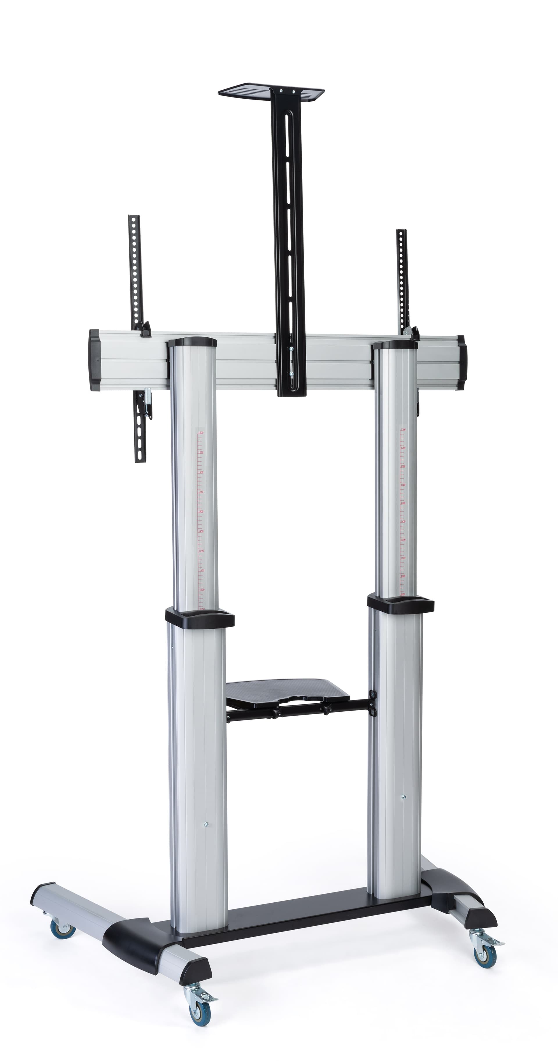 Heavy duty 80" TV display with wheels and guides to set height