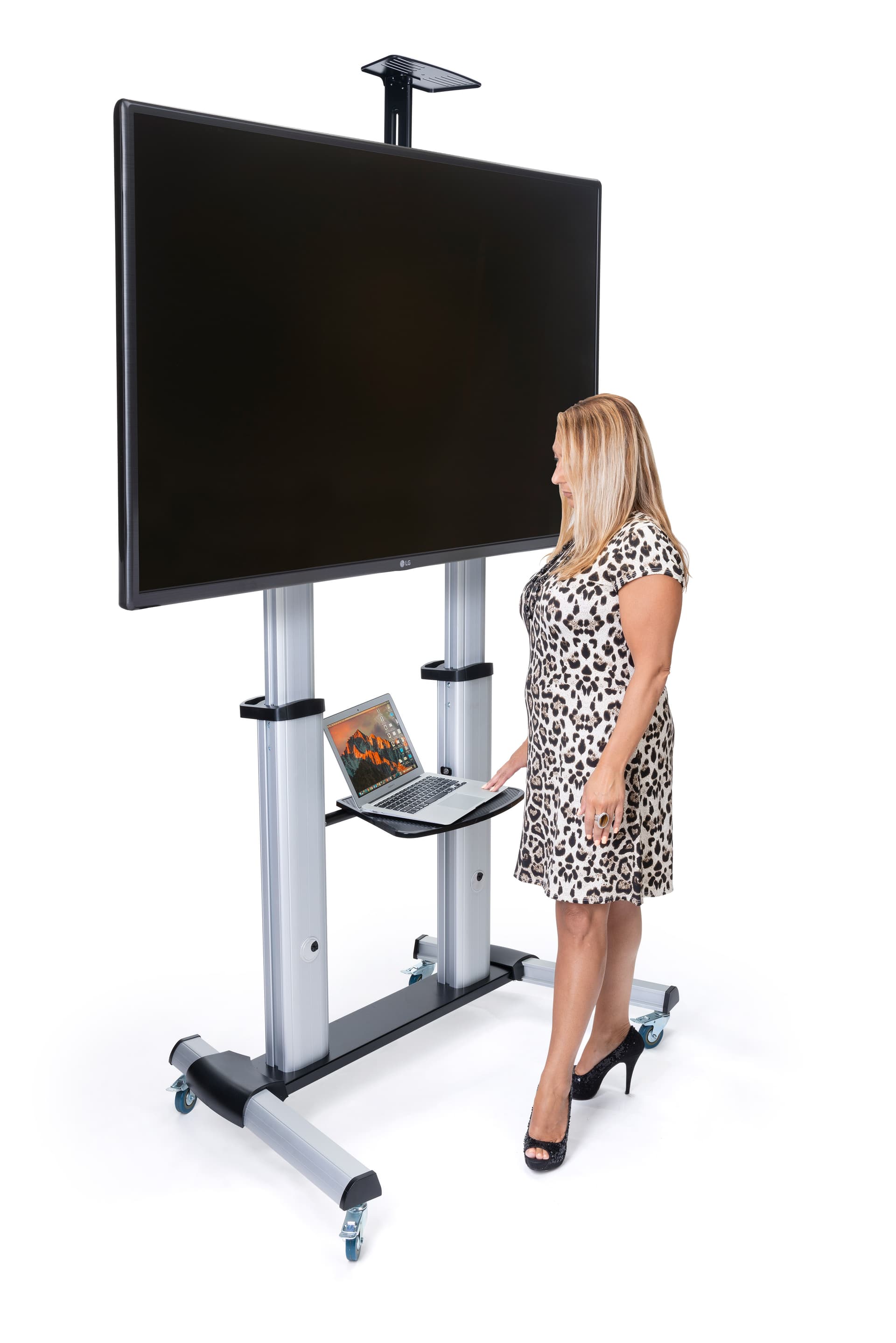 Heavy duty 80" TV display with wheels and AV shelf
