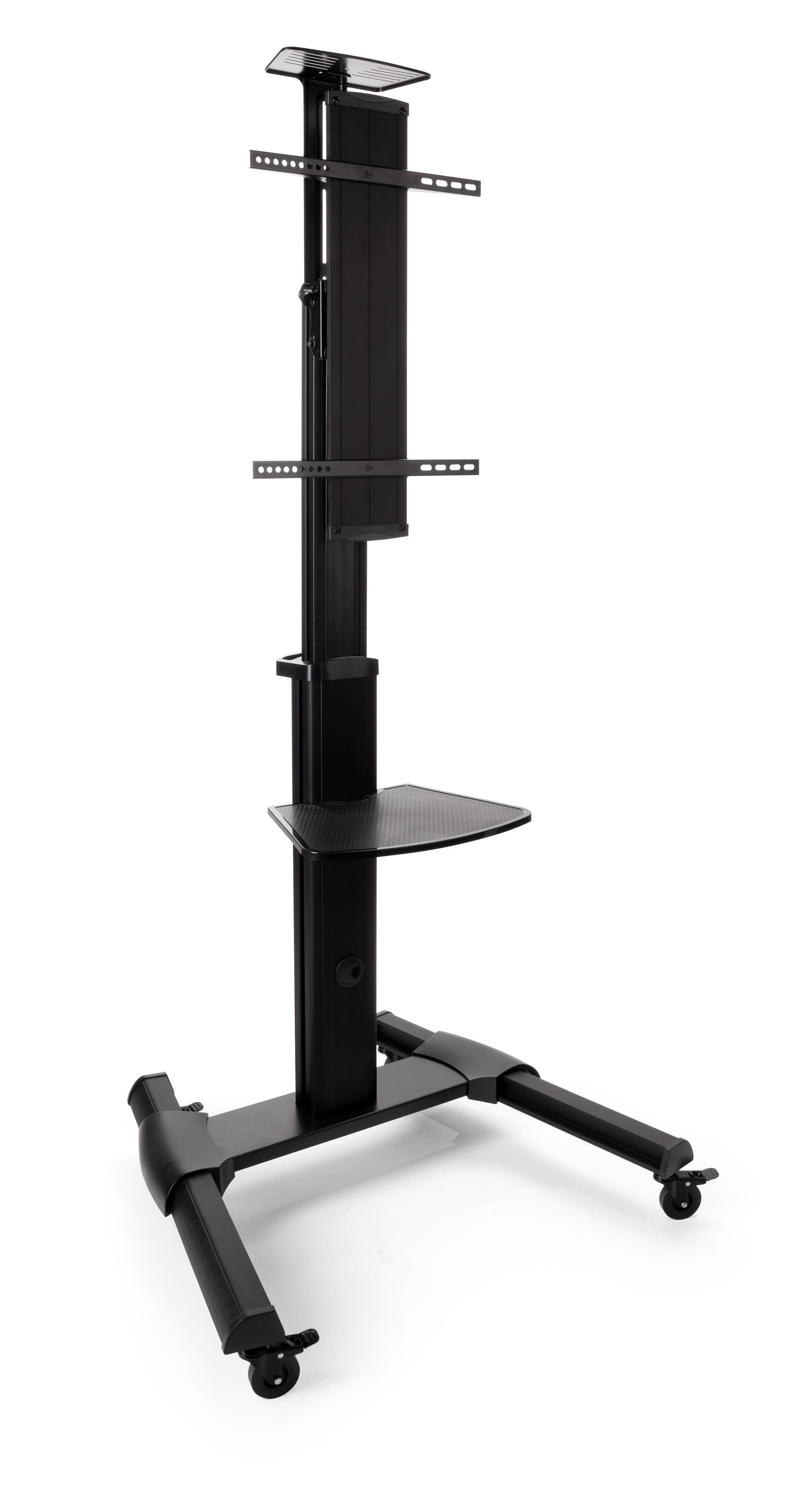 Widescreen monitor stand on wheels with portrait and landscape orientation settings