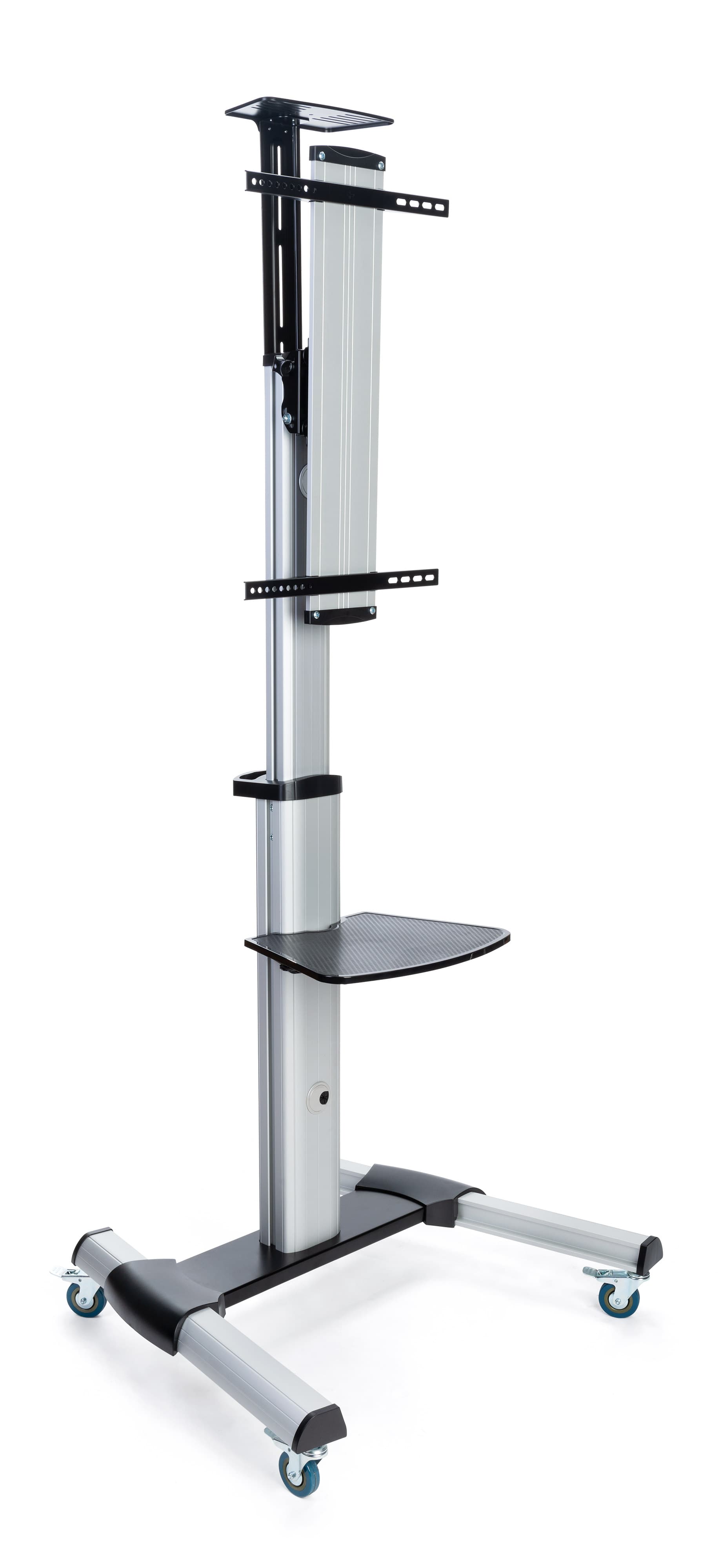 Rolling TV stand for flat screen TV with portrait and landscape orientation settings 