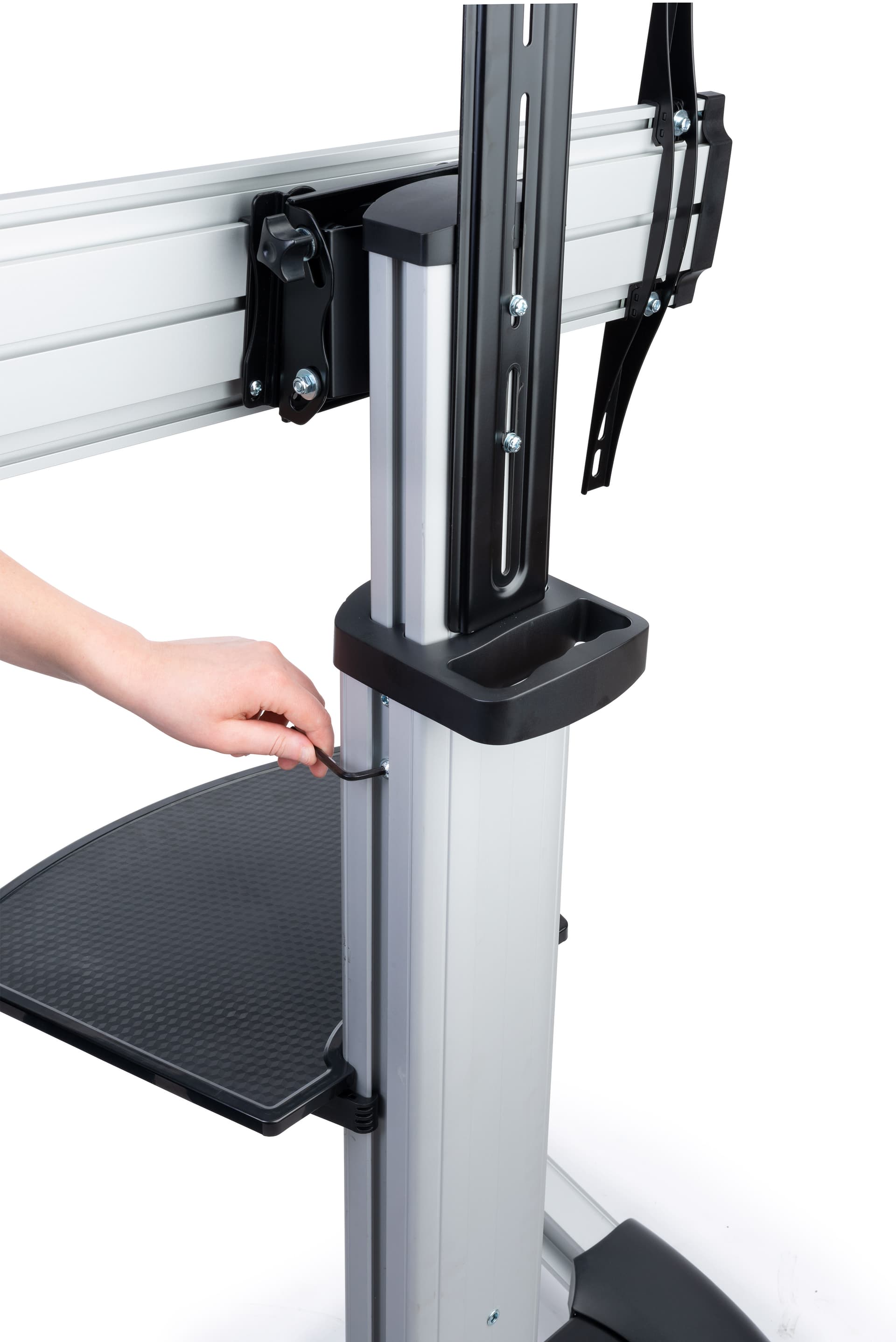 Rolling TV stand  for flat screen TV with adjustable height via allen key