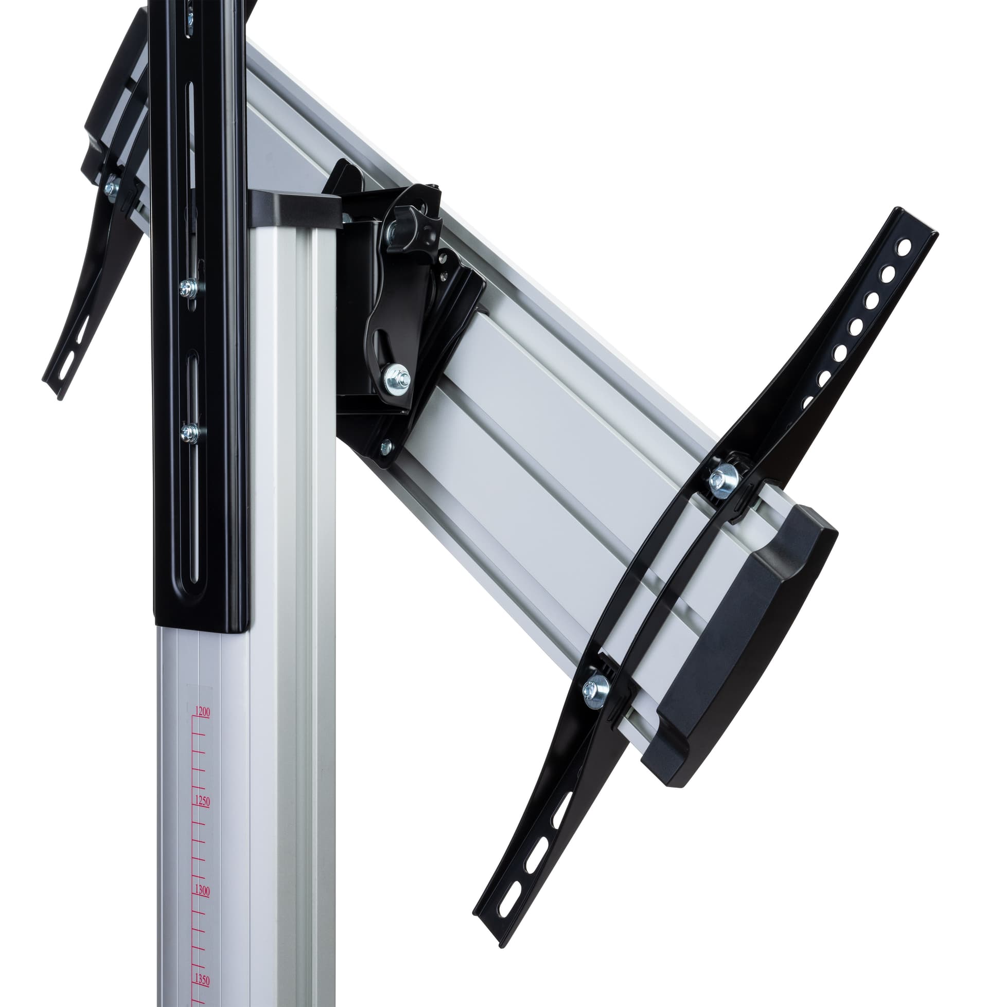 Rolling TV stand for flat screen TV that rotates between landscape and portrait orientation