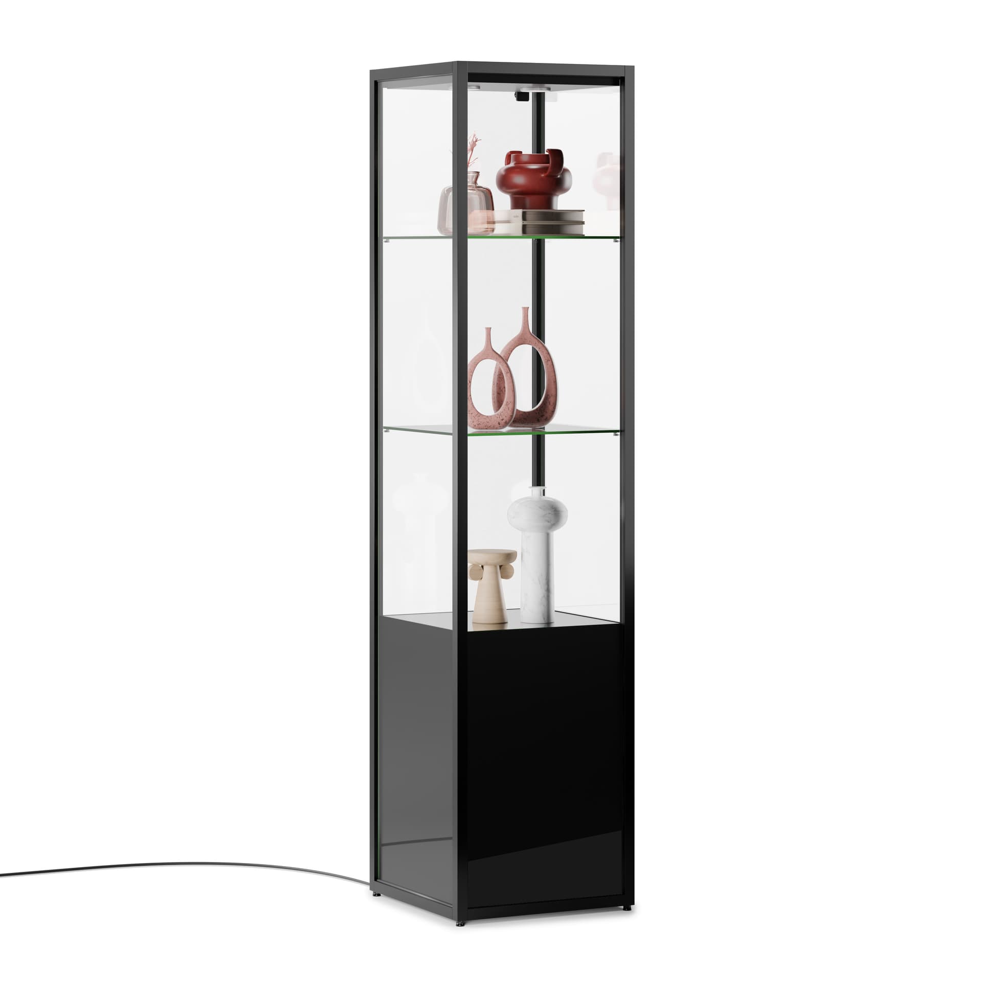 Glass display cabinet with tiered shelving 