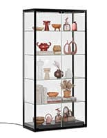 37"w Tempered Glass Display Case, Locking Doors, Height Adjustable Shelves - Black Locking glass display cabinet with heavy duty iron construction