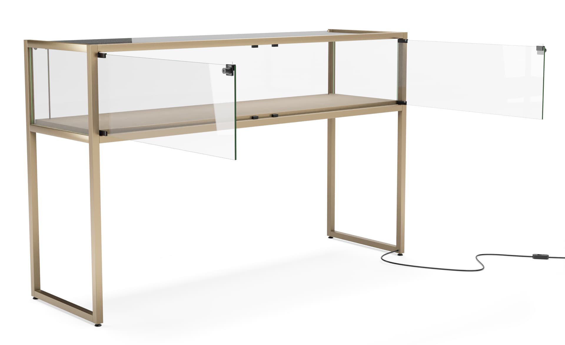Showcase table with swing open doors