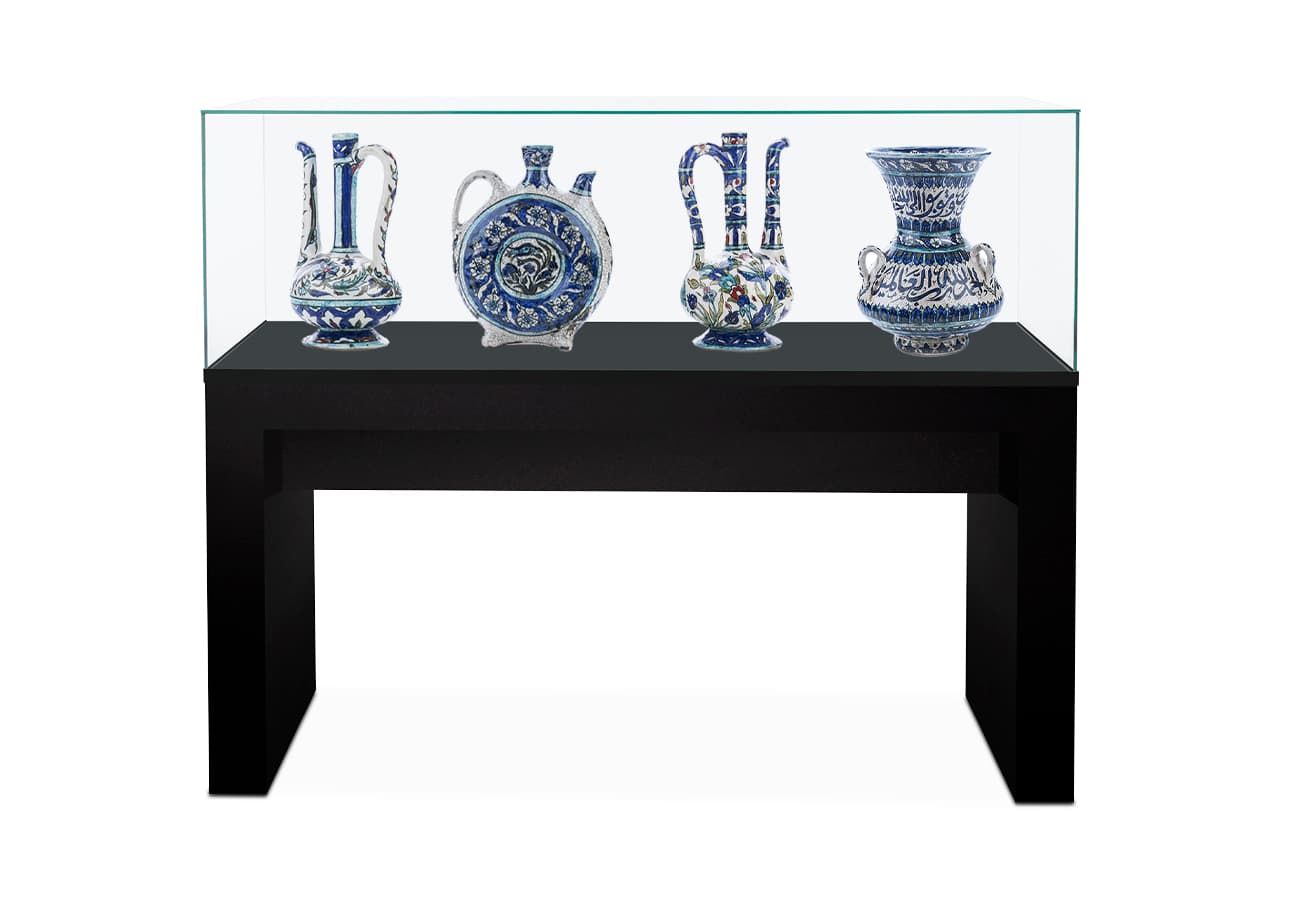 Glass display table case with modern design and leveling feet