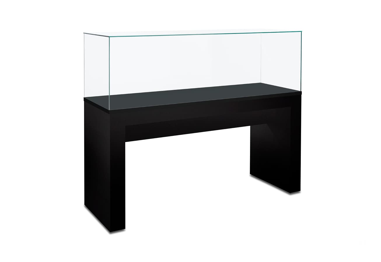 Glass display table case with laminate finish