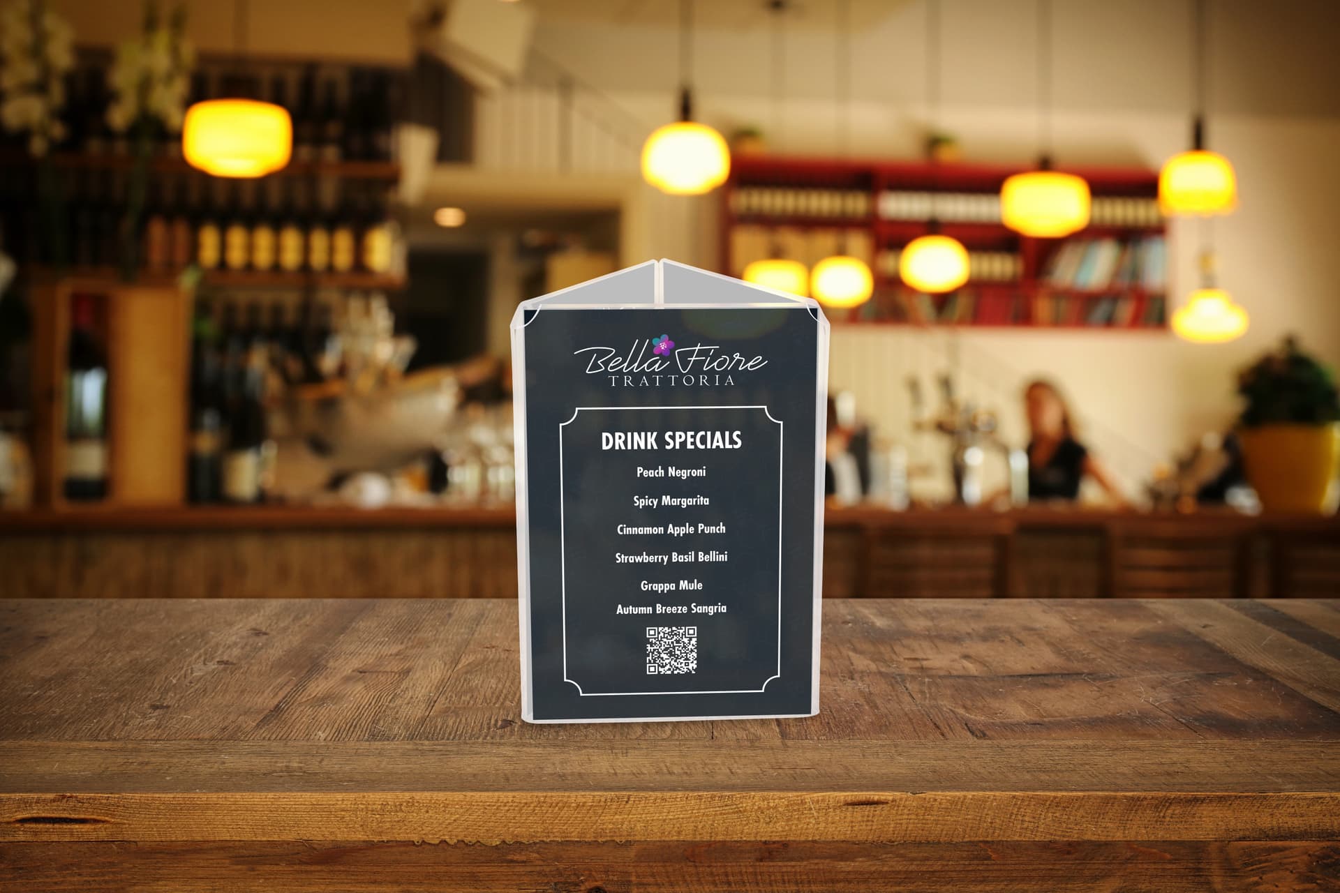 Table sign holder on countertop in cafe