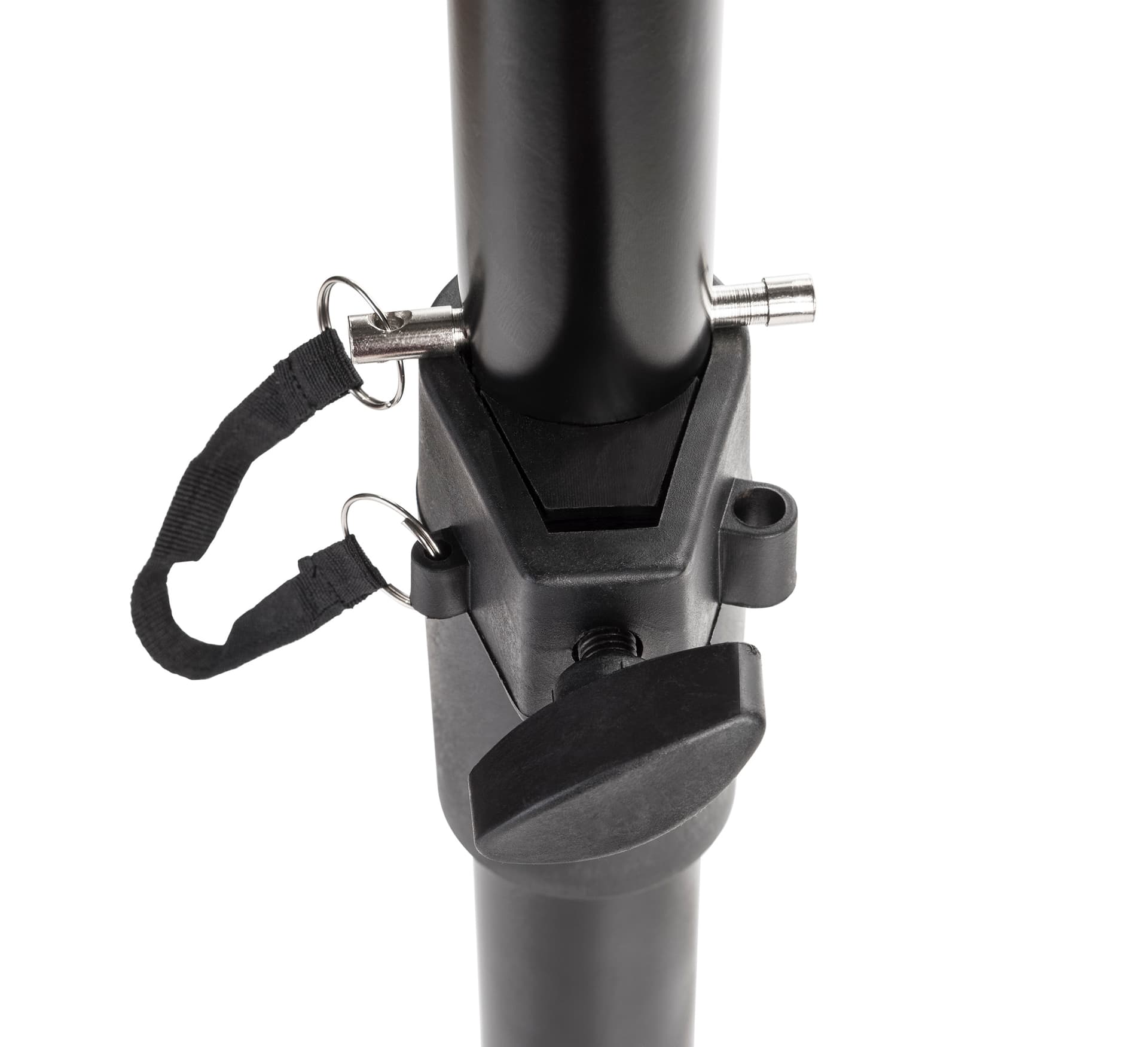 Metal security pin and tool-free knobs on TV tripod mount 