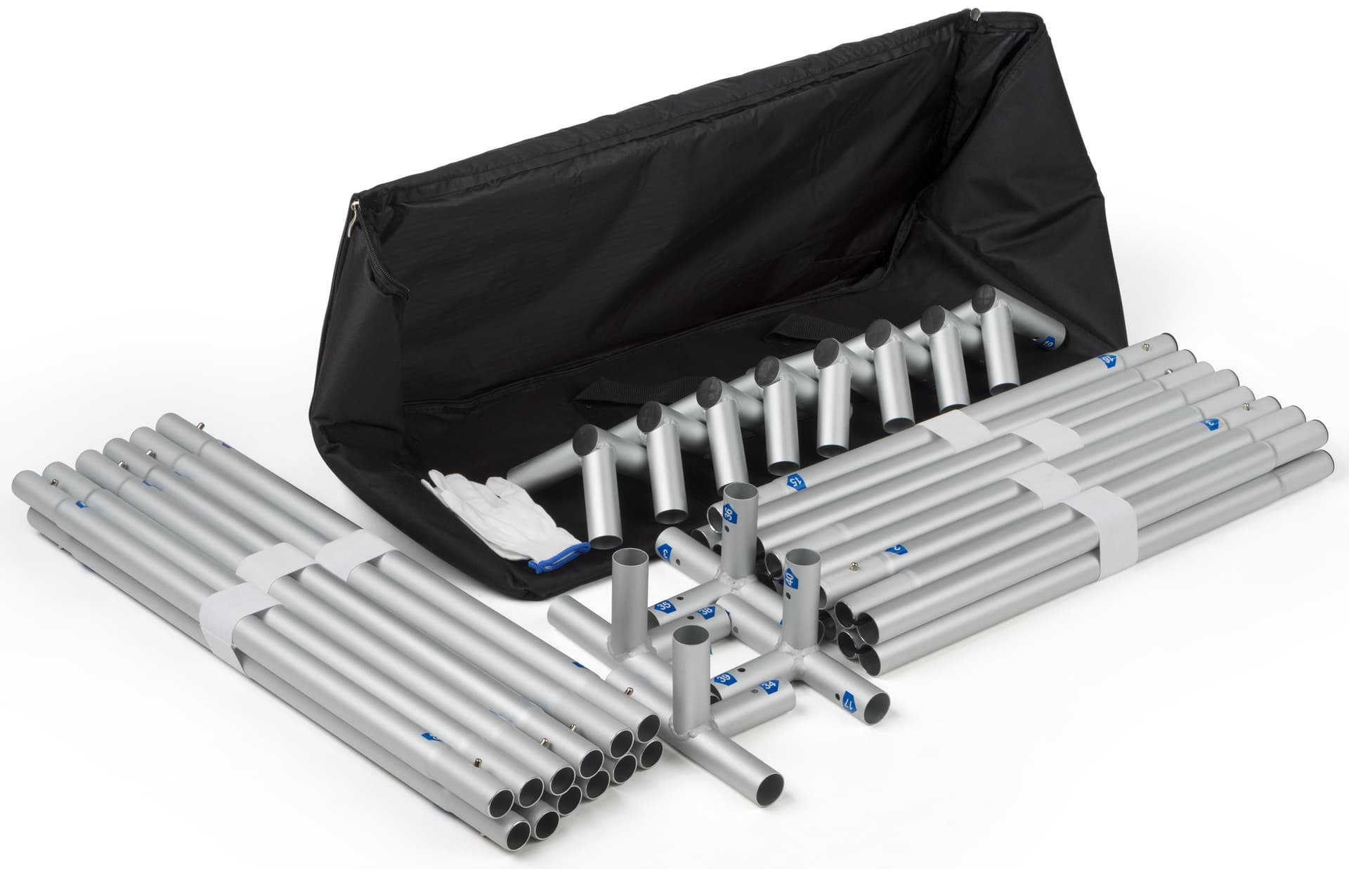 Modern exhibit display furniture set with labeled aluminum pole frames