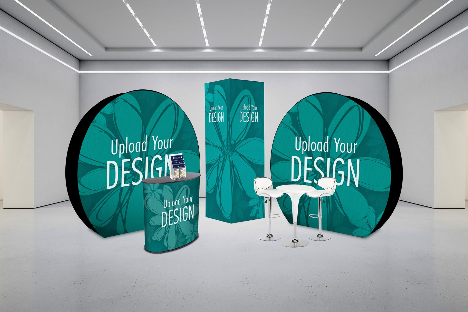 Modern exhibit display furniture set with height-adjustable chairs