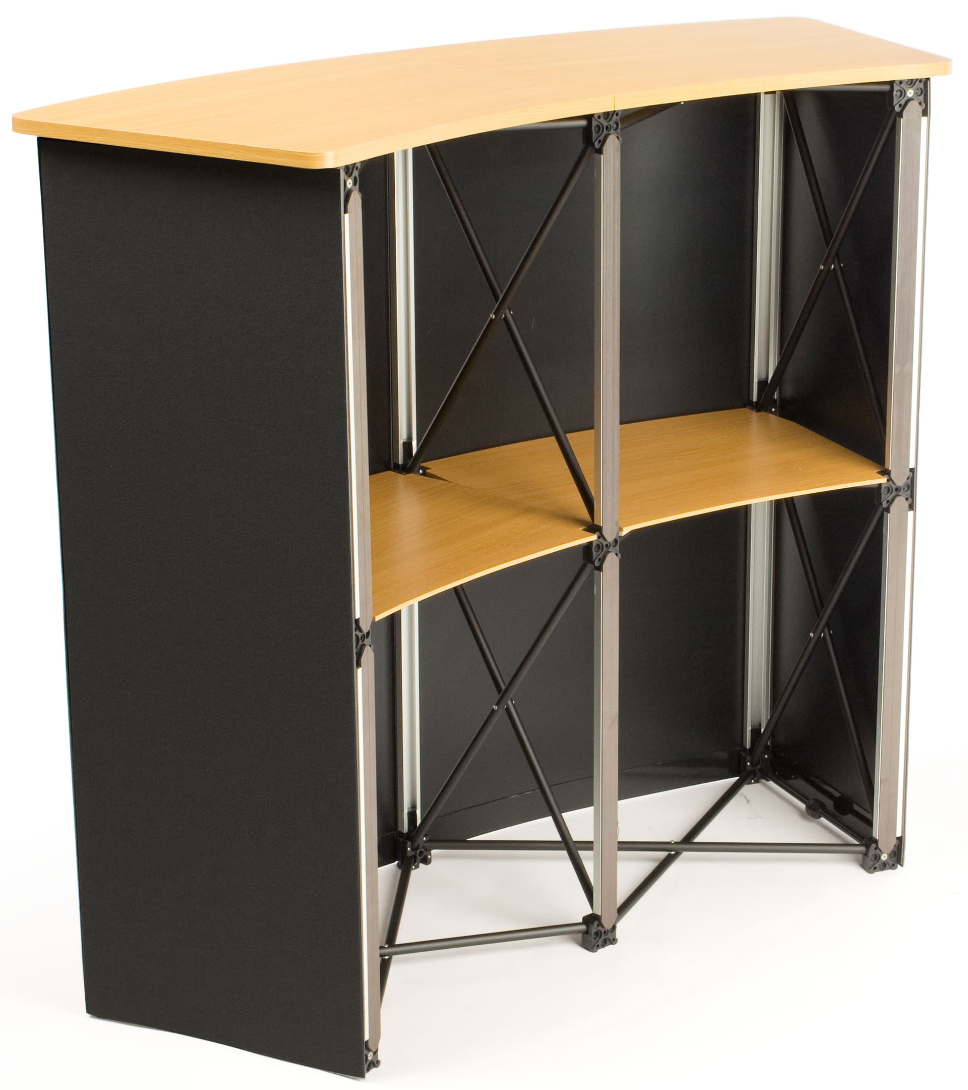 Outdoor booth setup with storage shelves