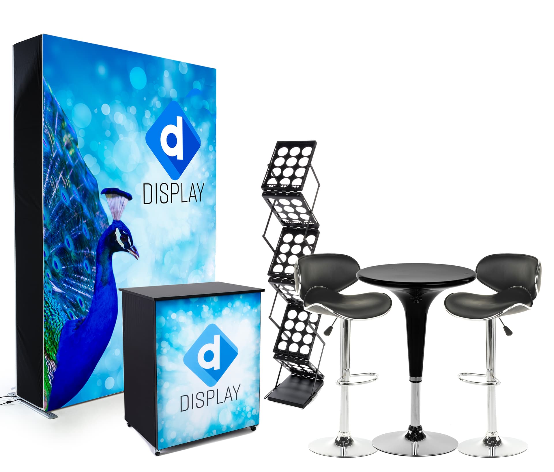 Trade show display kit with illuminated SEG single sided full color graphic backwall