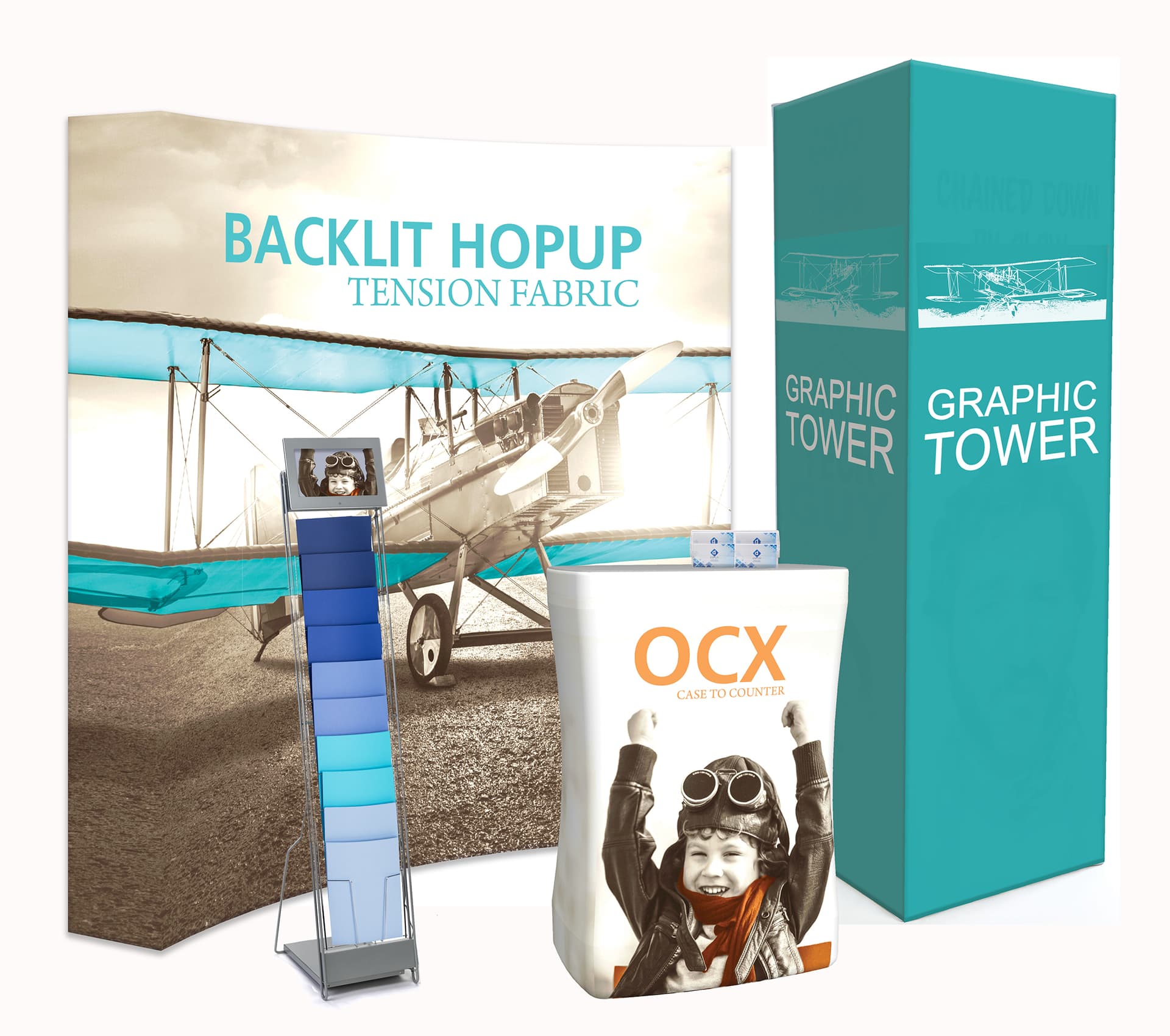 Graphic backwall and tower plus digital literature holder and business card case included in custom trade show display