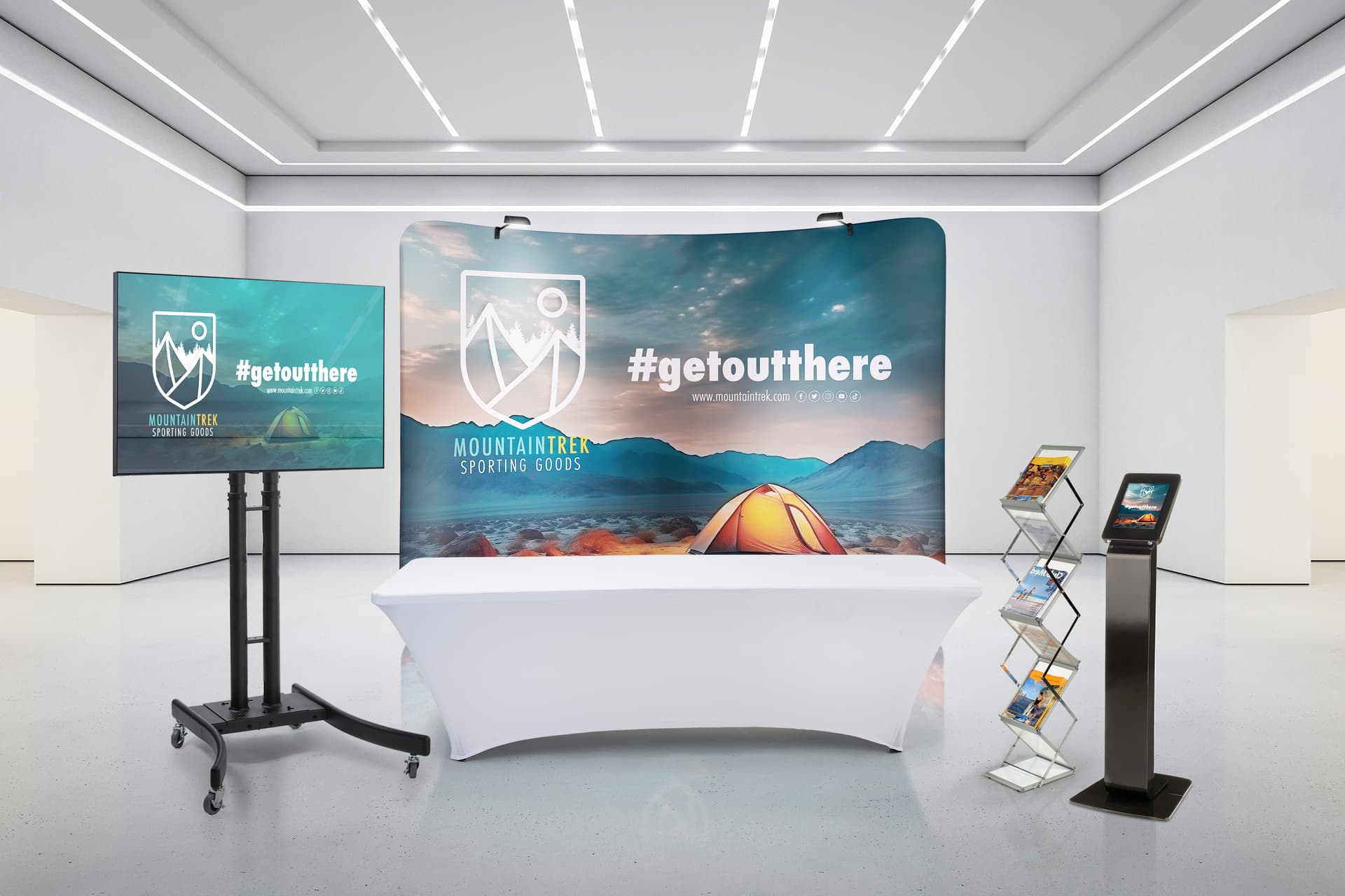 10 x 10 trade show booth package with white stretch table throw 