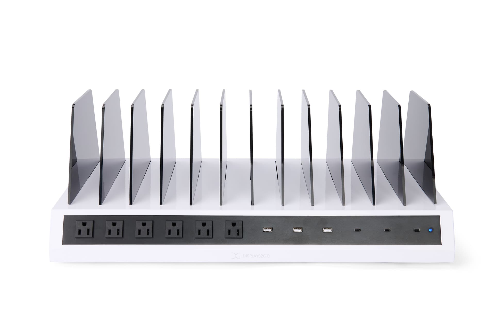 Tabletop charging station with 6-AC, 3-USB-A, and 3-USB-C outlets