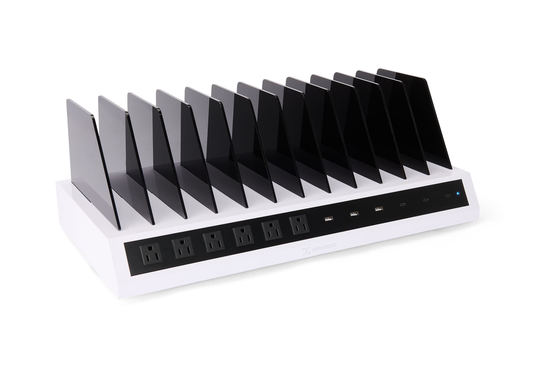 Tabletop charging station with overall dimensions: 24" L x 12" W x 8.77" D