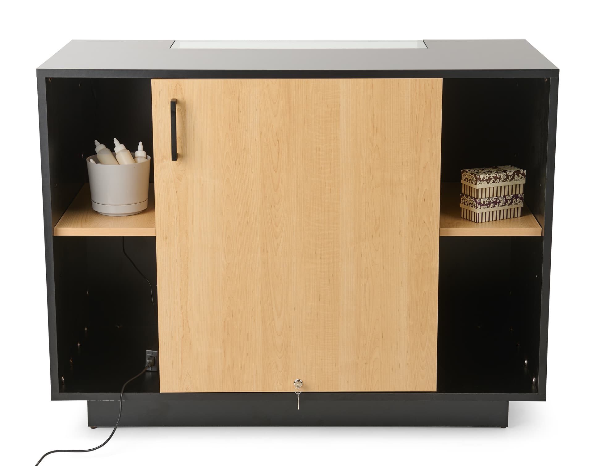 Two tone retail showcase with four rear shelves 
