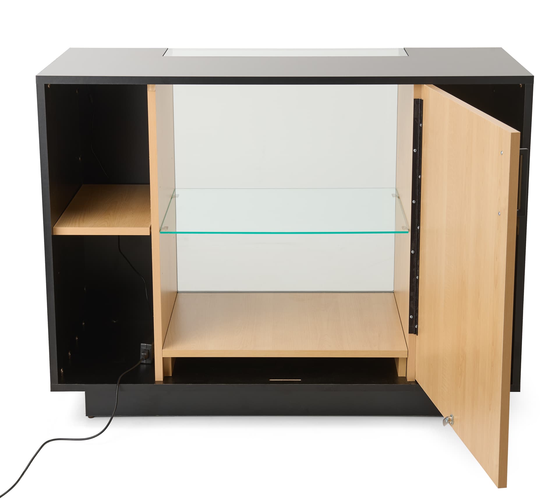 Two tone retail showcase with swing open display door